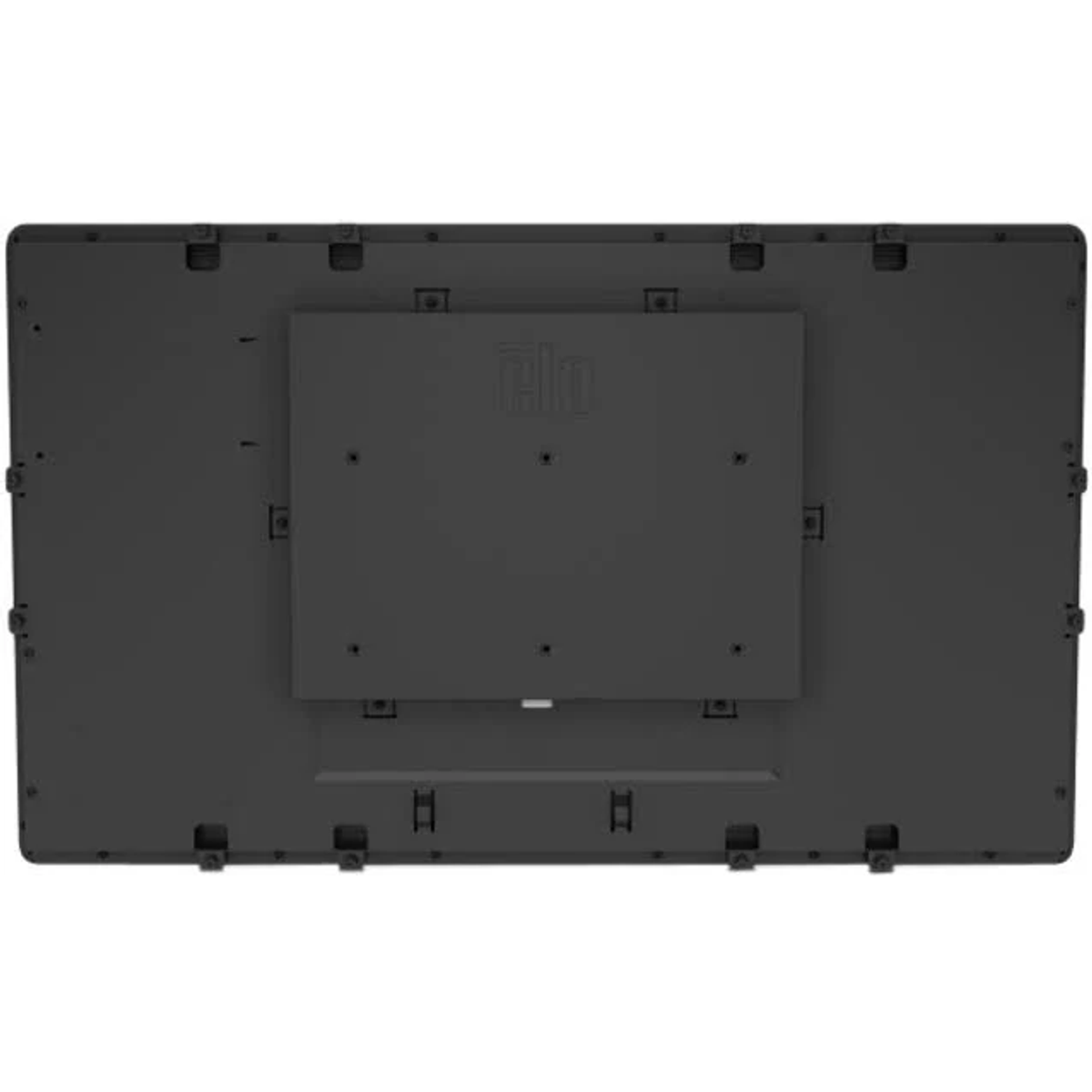 Rückseite eines schwarzen Computermonitors mit zentralem Montagebereich und verschiedenen Schraubenlöchern.