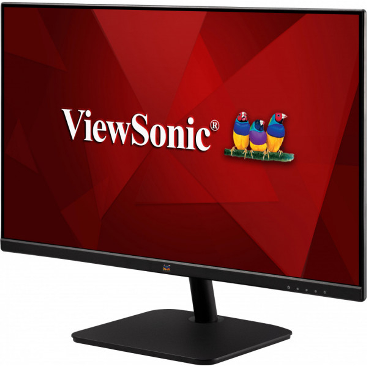 Ein ViewSonic-Monitor mit rotem Bildschirm und einem Logo mit drei Vögeln. Der Monitor ist schwarz.