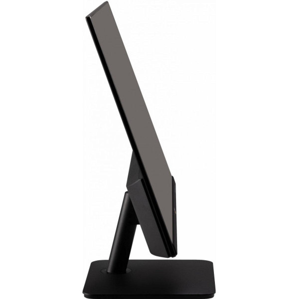 Ein schwarzer Computermonitor, von der Seite gesehen, mit einem schwarzen Ständer und einem geneigten Bildschirm.
