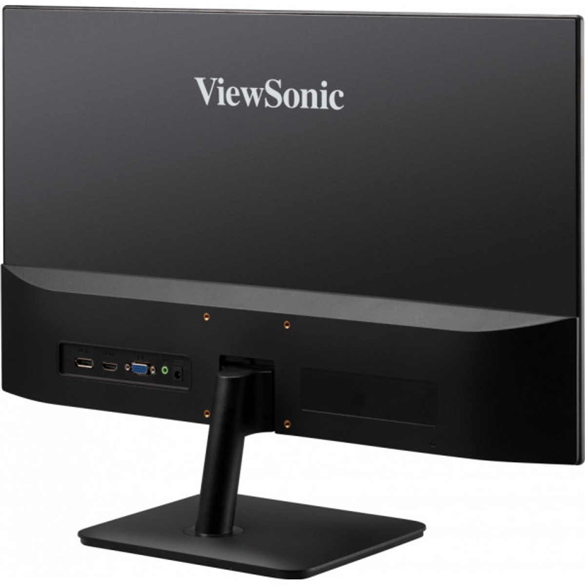 Rückansicht eines schwarzen ViewSonic-Monitors mit Anschlüssen und Ständer. Das ViewSonic-Logo ist sichtbar.