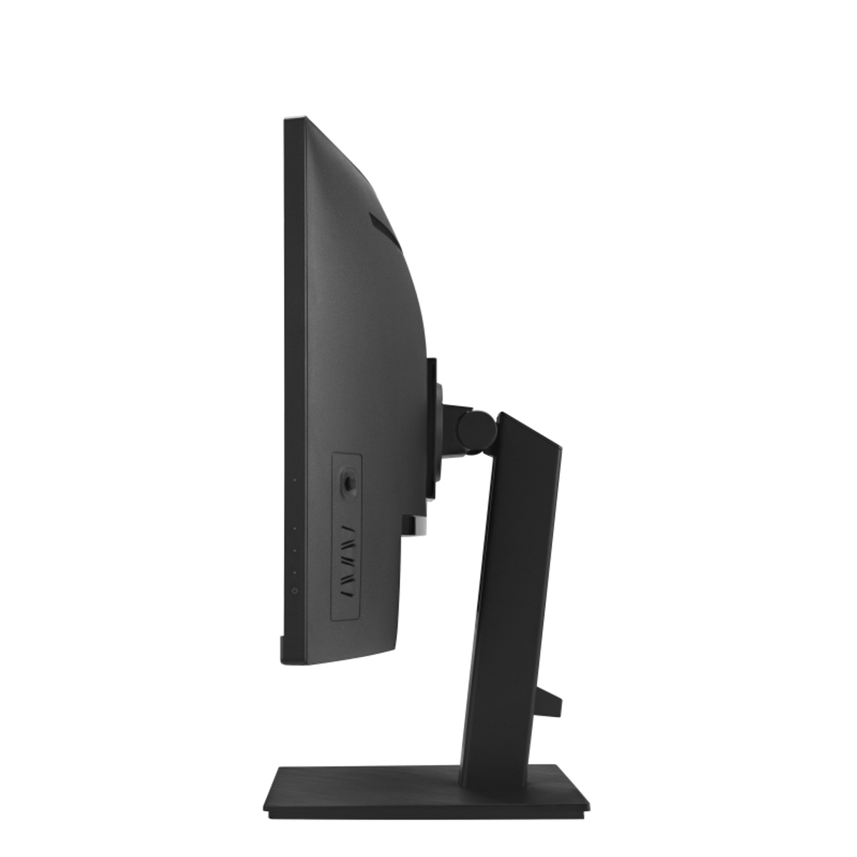 Seitenansicht eines schwarzen Monitors mit einem schwarzen Ständer. Der Ständer neigt sich nach hinten.