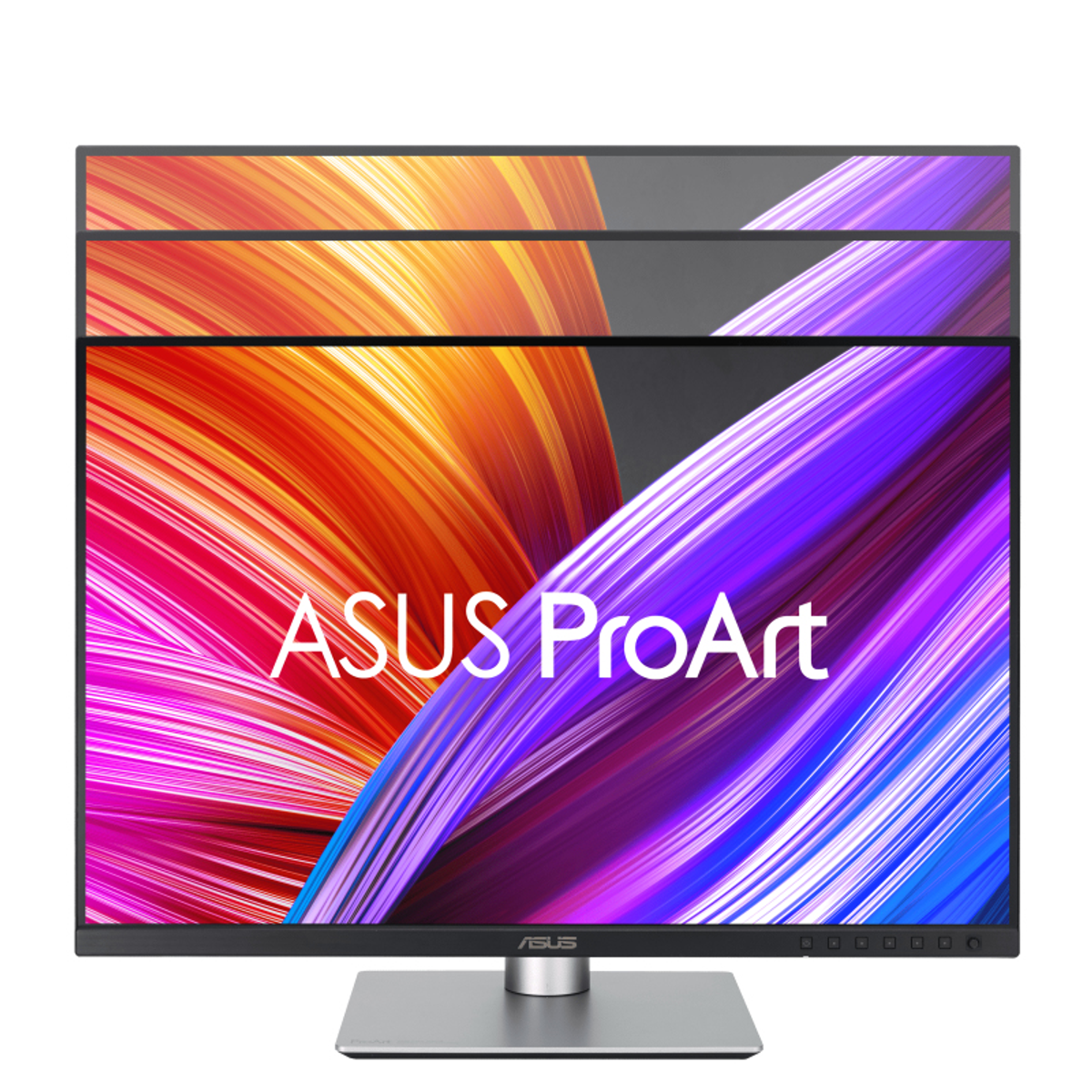 Monitor ASUS ProArt wyświetla kolorowy abstrakcyjny obraz na białym tle.