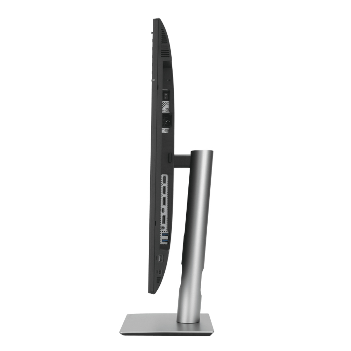 Widok z boku czarnego monitora komputerowego ze srebrną podstawą. Monitor ma porty z tyłu.