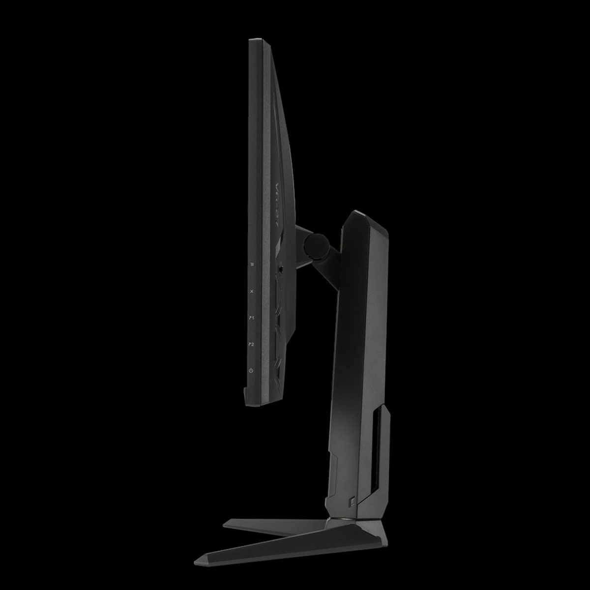 Vista laterale di un monitor per computer nero su sfondo nero. Il monitor ha un supporto.