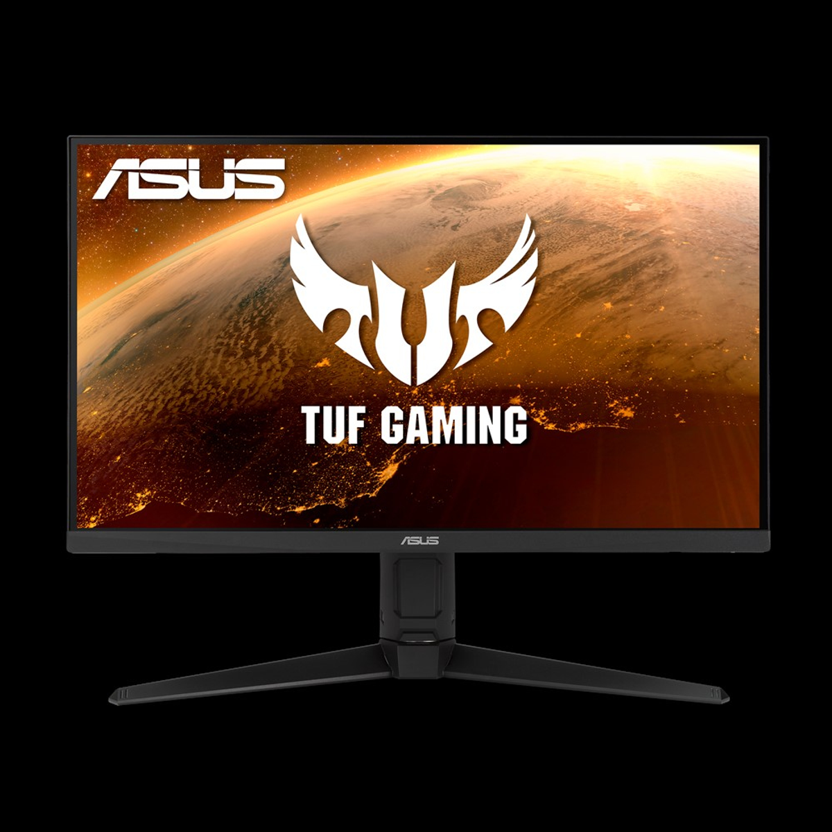 Monitor Asus TUF gaming nero su supporto nero, schermo mostra logo e grafica.
