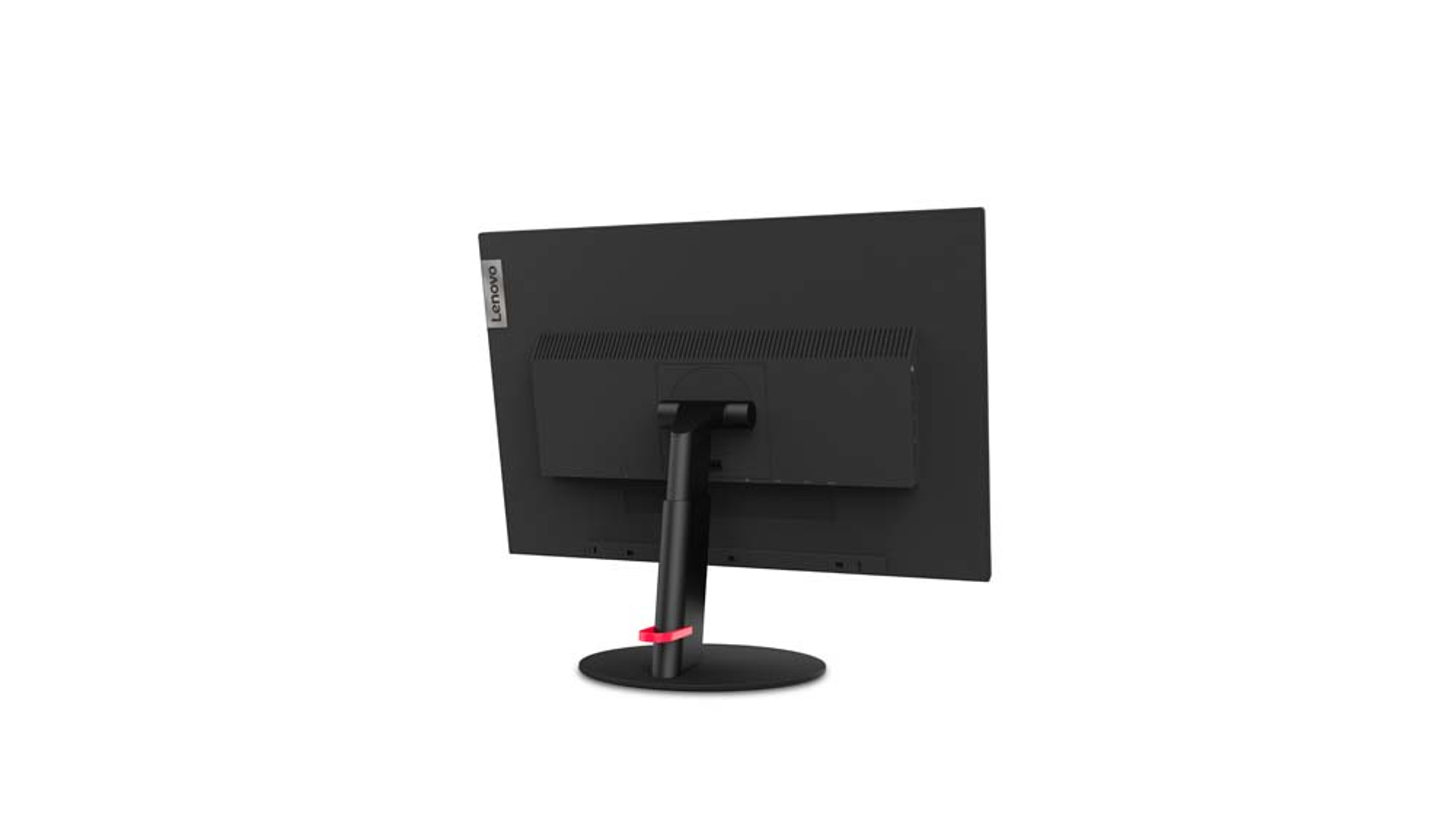 Vista trasera de un monitor Lenovo negro con un detalle rojo en el soporte.