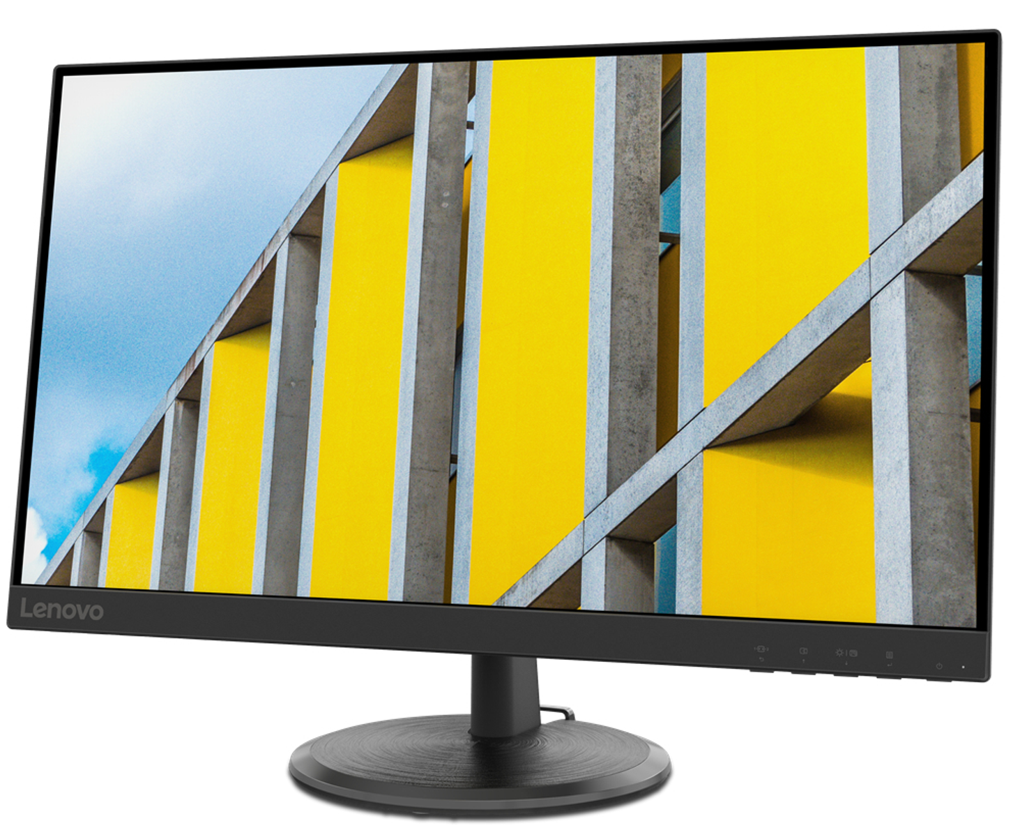 Monitor de computadora en un soporte. La pantalla muestra un patrón abstracto amarillo y gris.