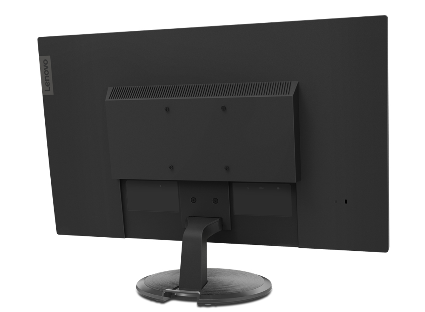 Monitor de computadora negro, vista trasera con logo Lenovo arriba a la izquierda, soporte y puertos. Fondo blanco.