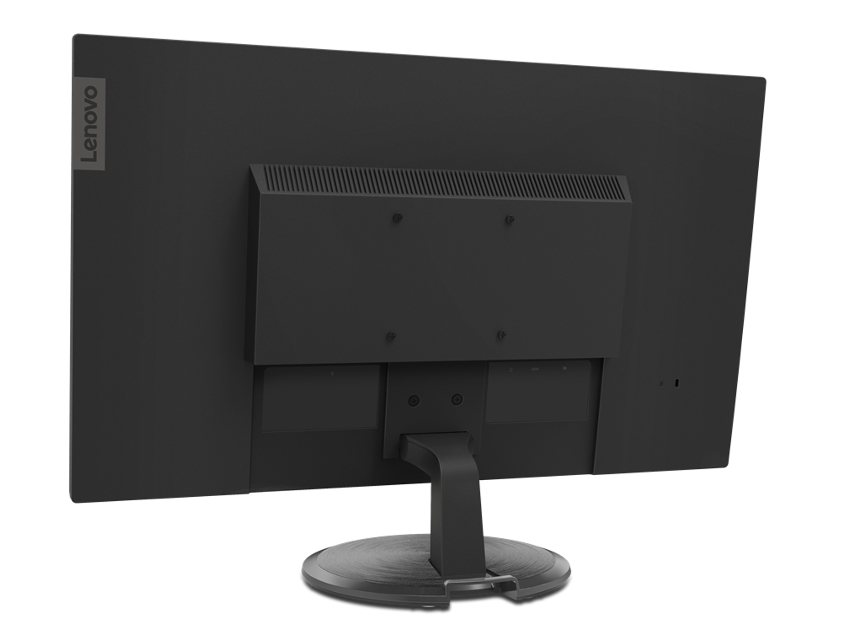 La parte trasera de un monitor Lenovo. Negro con el logotipo de Lenovo.