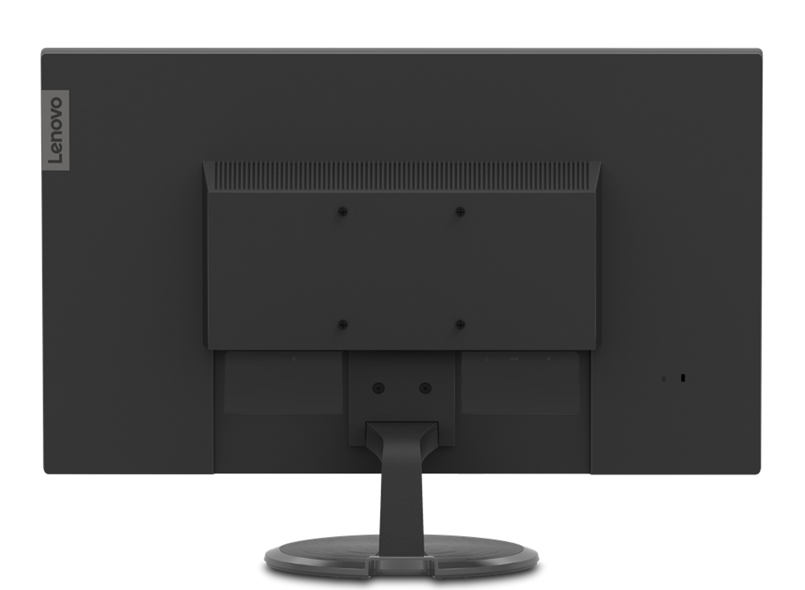 Parte trasera de un monitor, color negro, logotipo Lenovo.