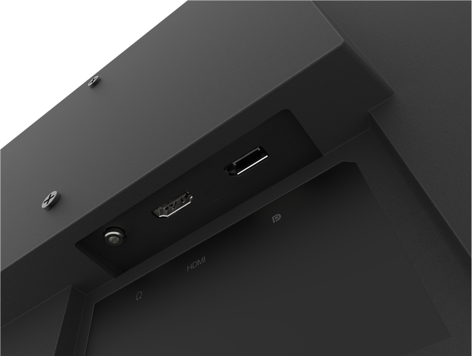 Primer plano de la parte trasera de un monitor negro con puertos HDMI, USB y alimentación.