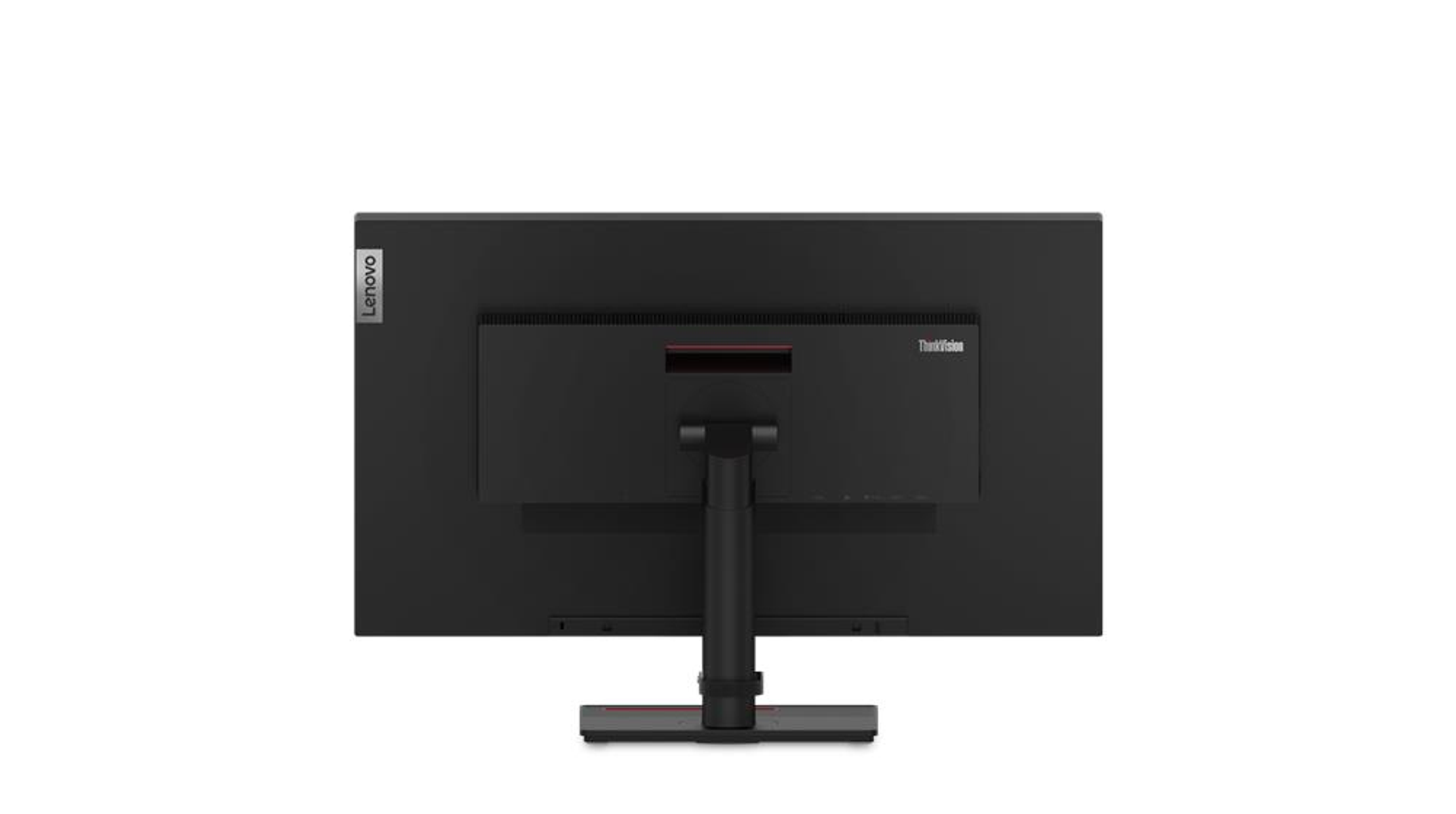 Vista trasera de un monitor Lenovo ThinkVision negro. Tiene soporte y un logotipo ThinkVision.