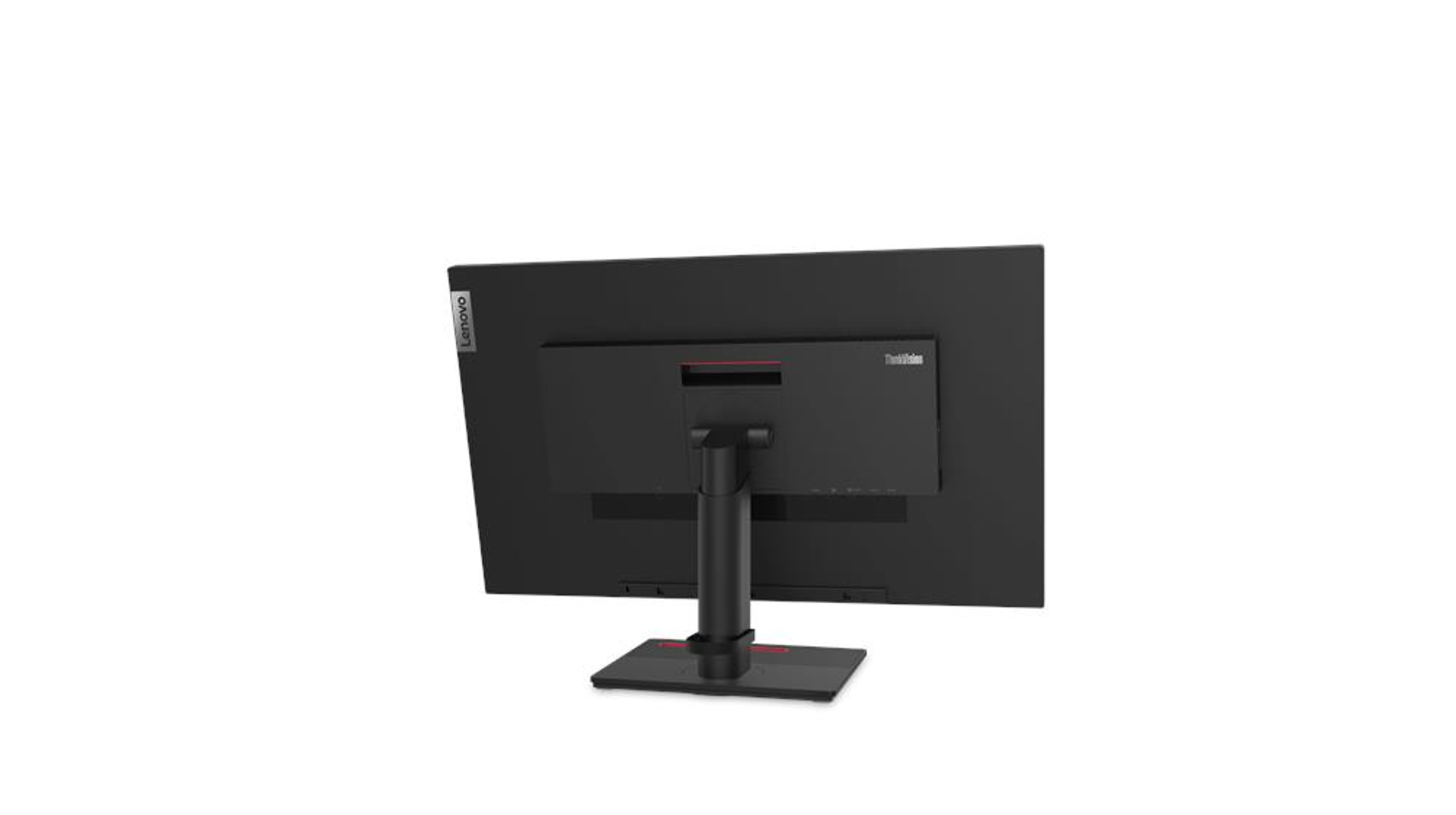 Parte trasera de un monitor Lenovo ThinkVision negro, con soporte. El logotipo de Lenovo es visible.