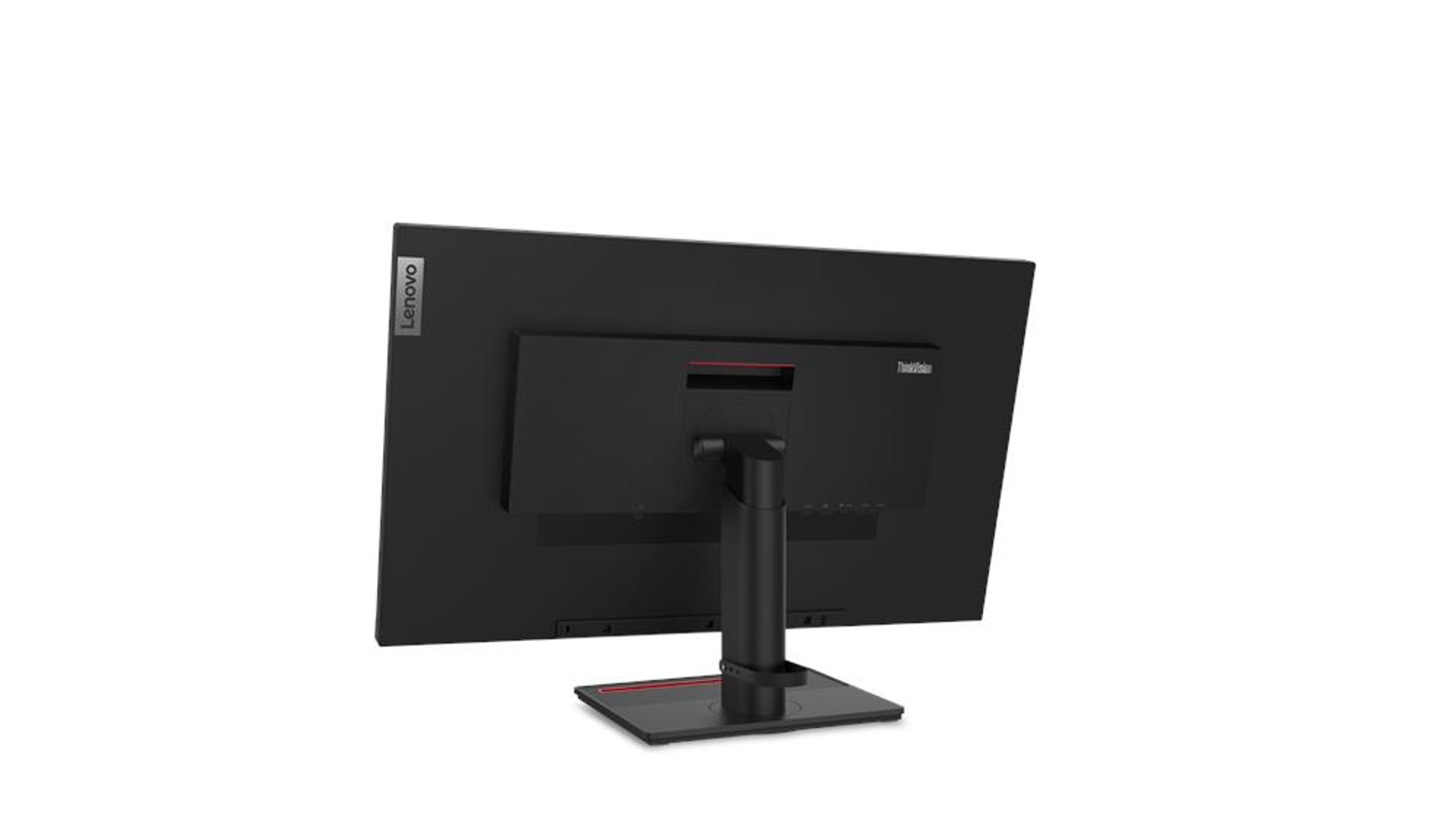 Un monitor de computadora negro desde la parte trasera, mostrando el soporte y el logotipo de Lenovo.