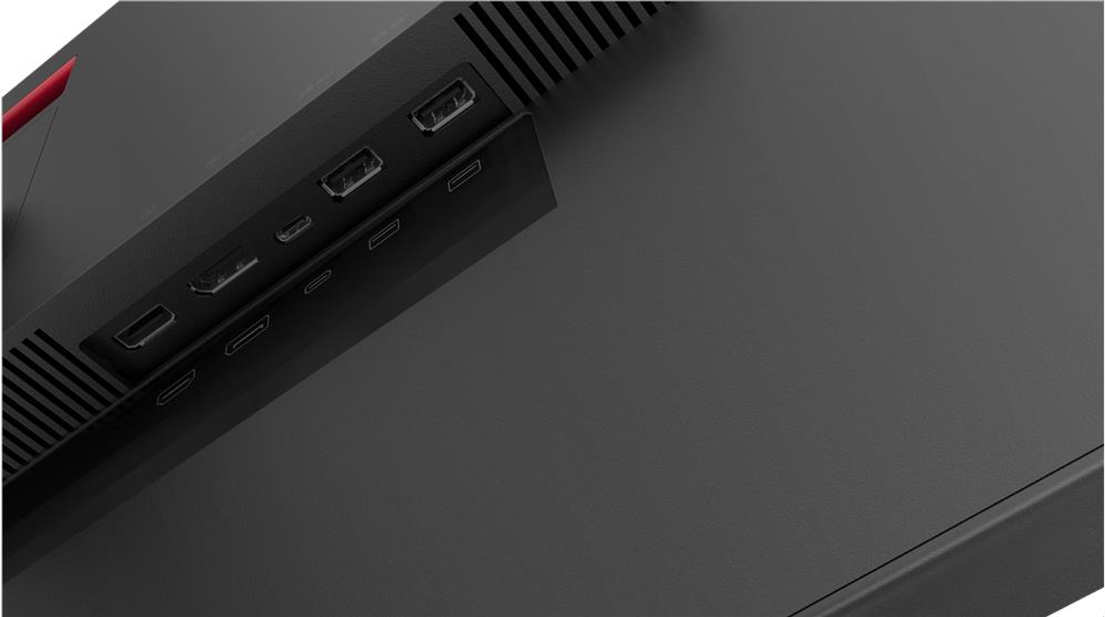 Vista trasera de un monitor negro, mostrando varios puertos: HDMI, USB y otros.