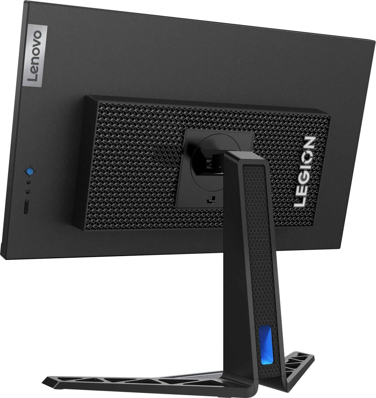 Czarny monitor Lenovo Legion z tyłu ze stojakiem i niebieskim światłem.