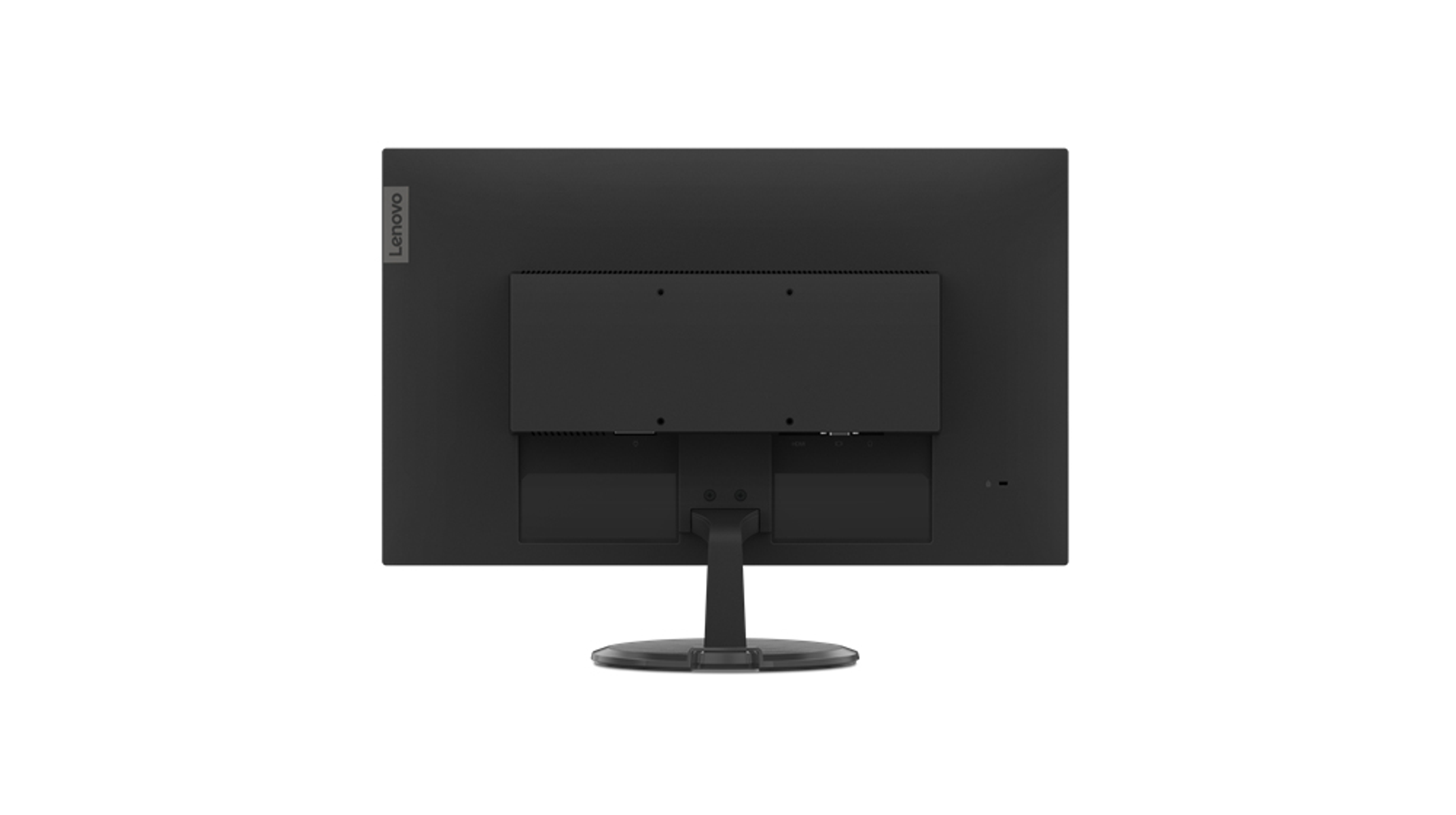 Vista posteriore di un monitor per computer nero su sfondo bianco. Lenovo è scritto sopra.
