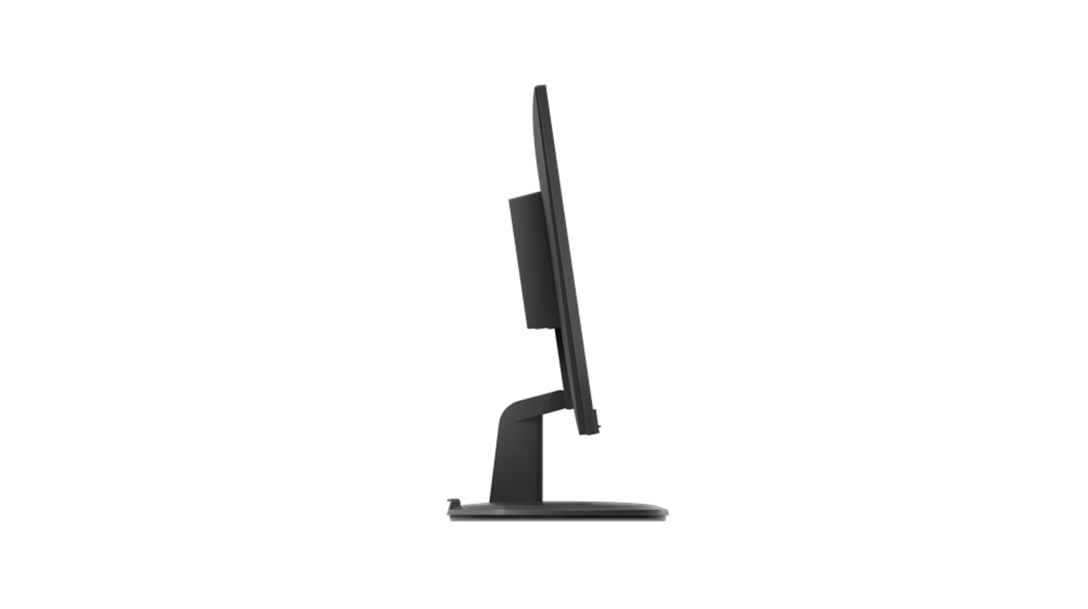 Un monitor visto di lato. È nero con il supporto. Il monitor è sottile.
