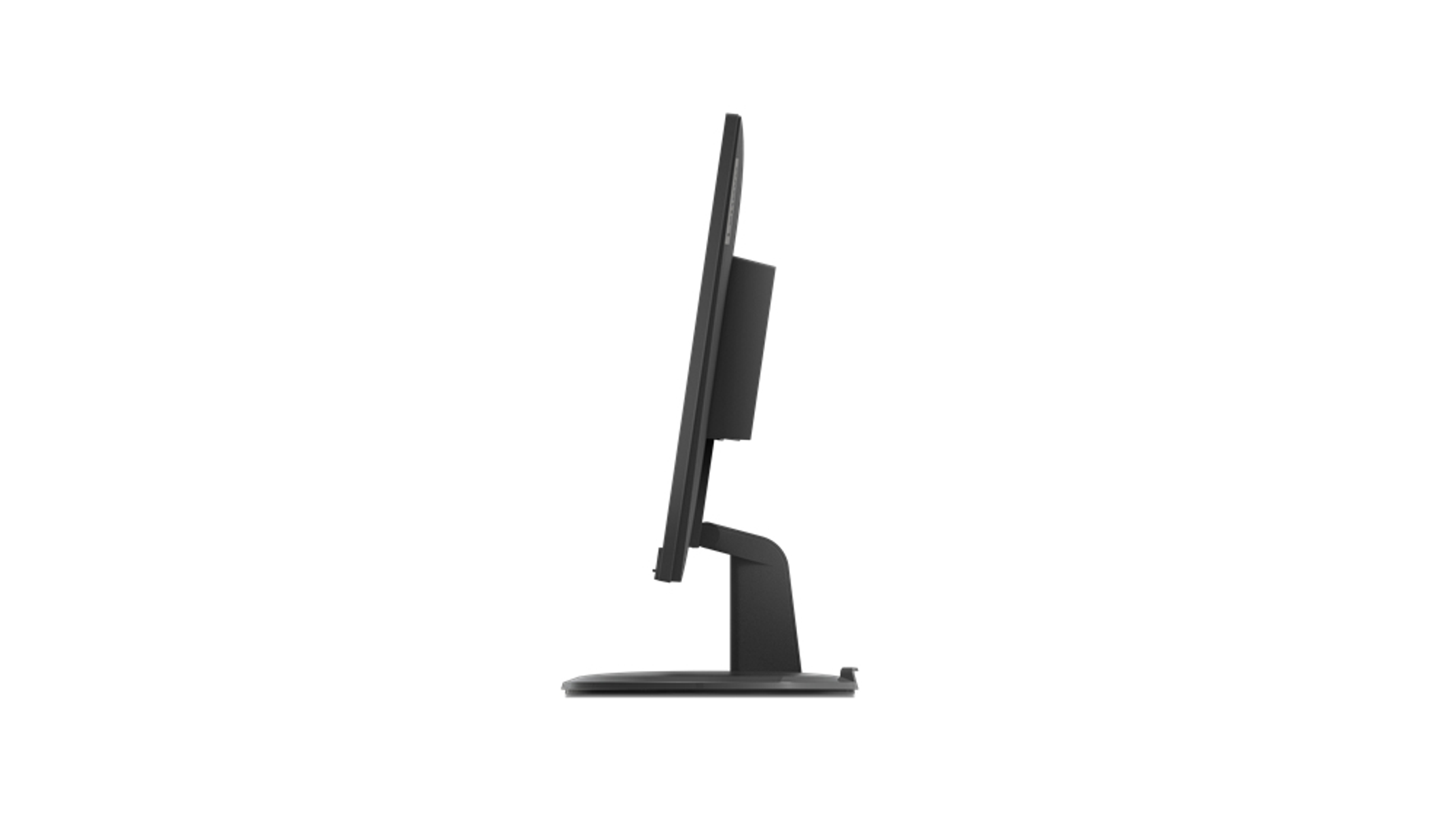 Vista laterale di un monitor nero su un supporto. Sfondo bianco. Design moderno ed elegante.