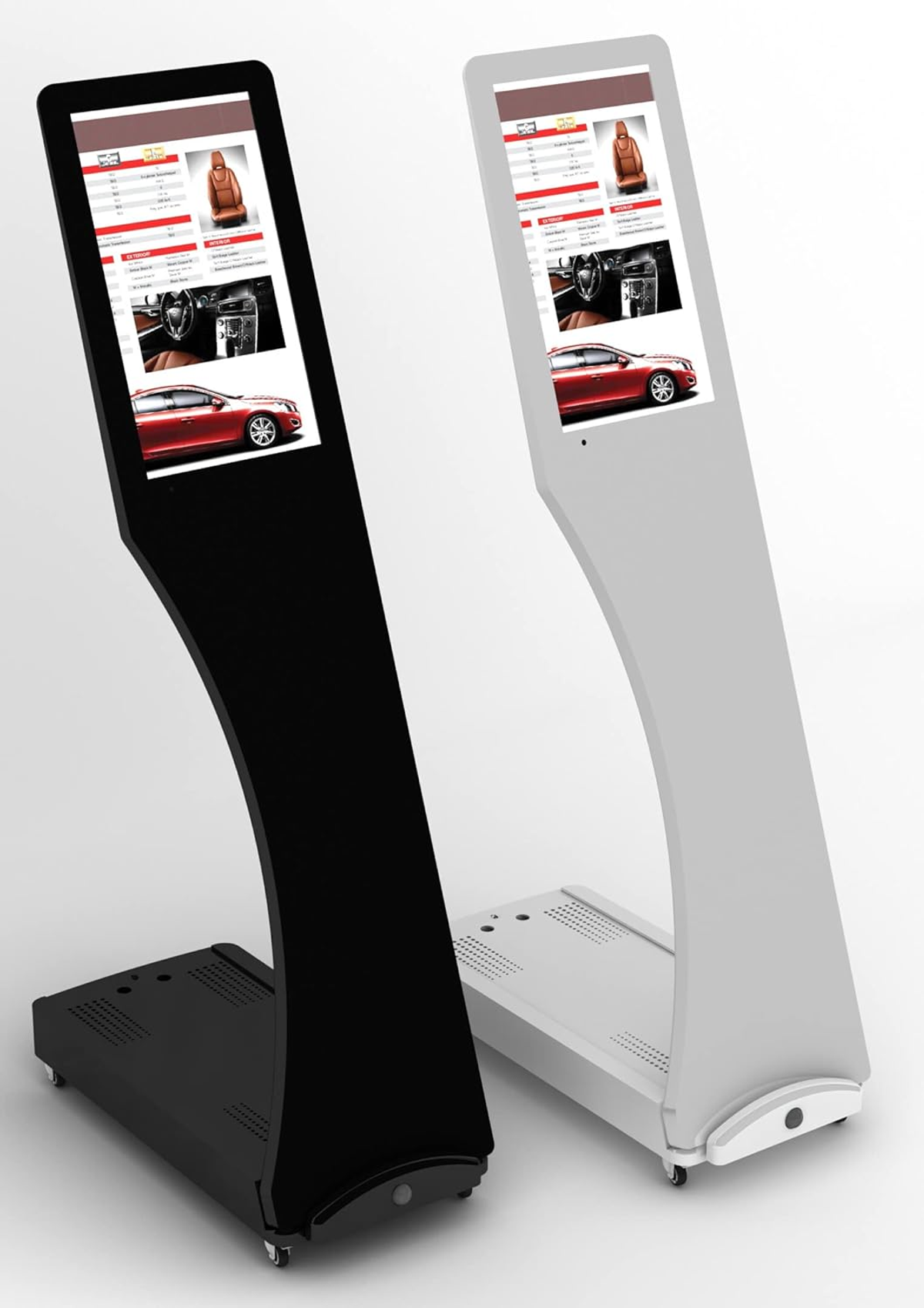 Zwei Display-Ständer, schwarz und weiß, zeigen ein Autointerieur.