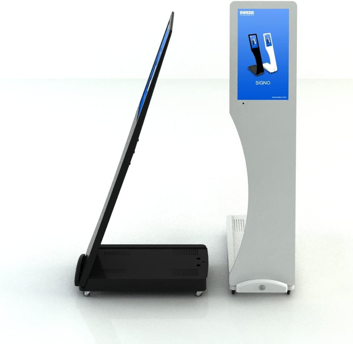 Ein Kiosk mit einem Bildschirm, der ein Bild anzeigt, mit einem weißen und grauen Gehäuse.