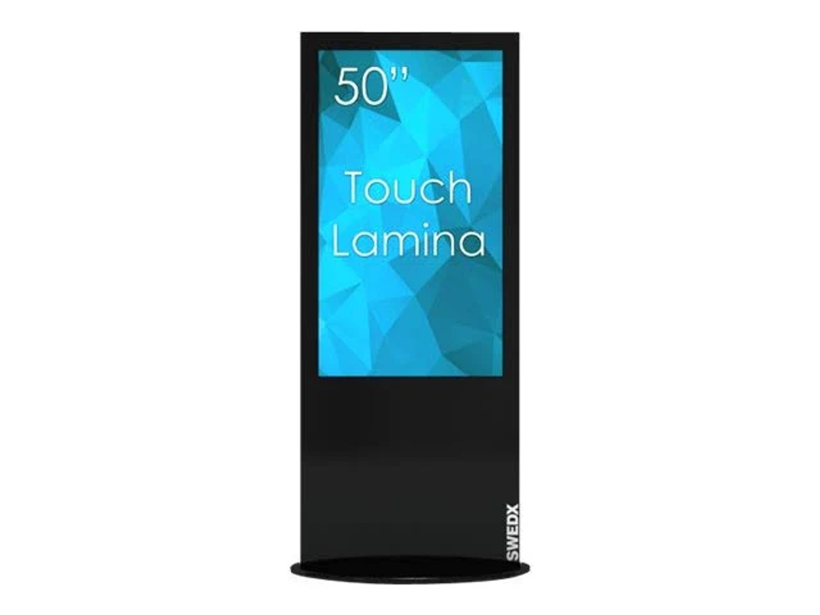 Ein schwarzer digitaler Displayständer mit einem blauen Touchscreen. Der Bildschirm sagt, 50" Touch Lamina. Weißer Hintergrund.