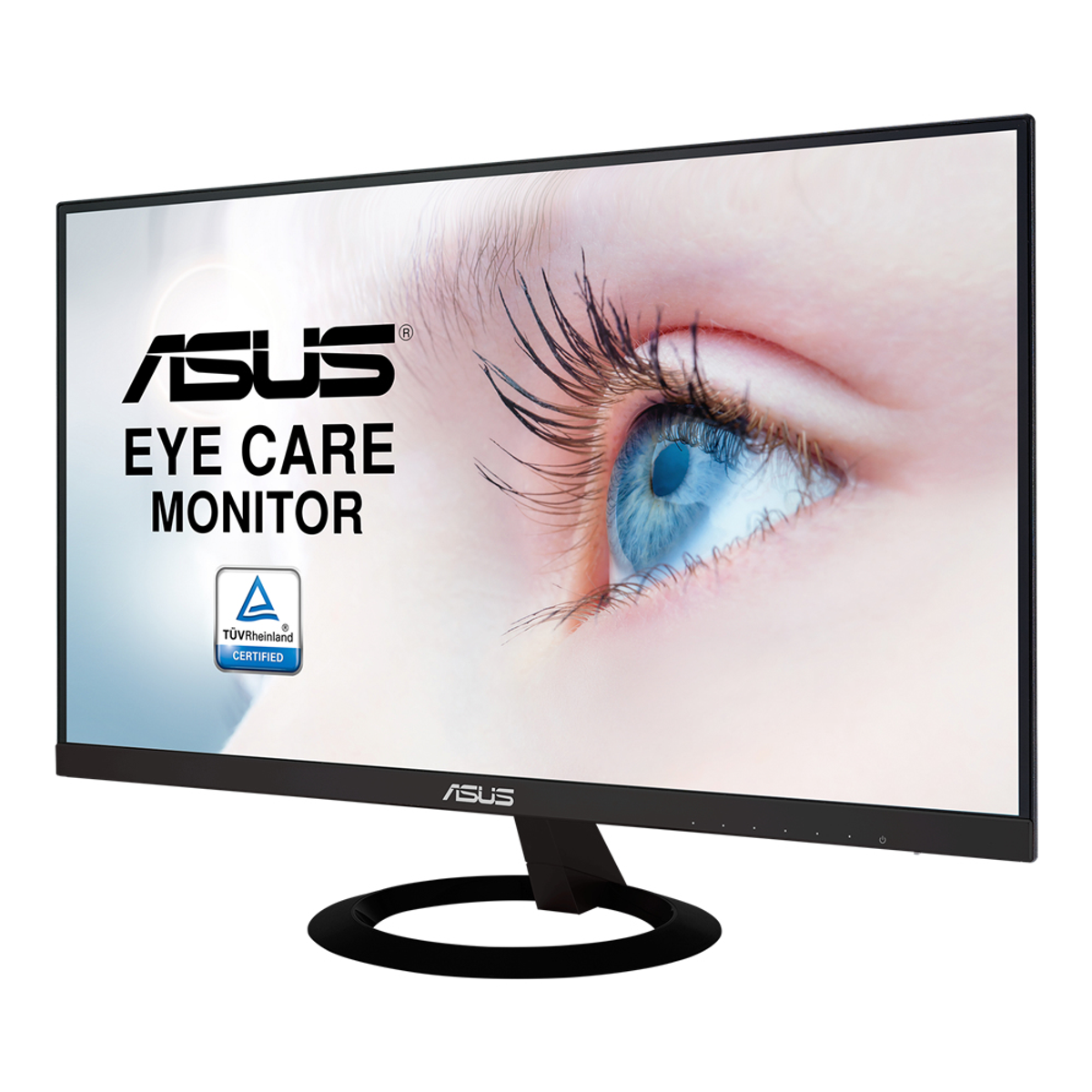 Un monitor de ordenador con enfoque en el cuidado de los ojos. Tiene un marco negro y una imagen de un ojo azul.