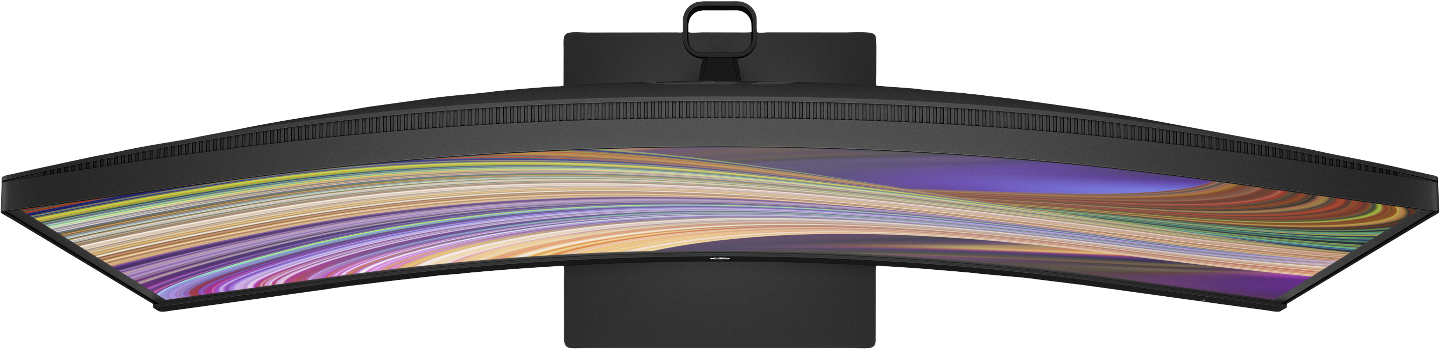 Zakrzywiony czarny monitor z kolorowym ekranem. Widok z góry. Podstawa jest czarna. Tło jest białe.