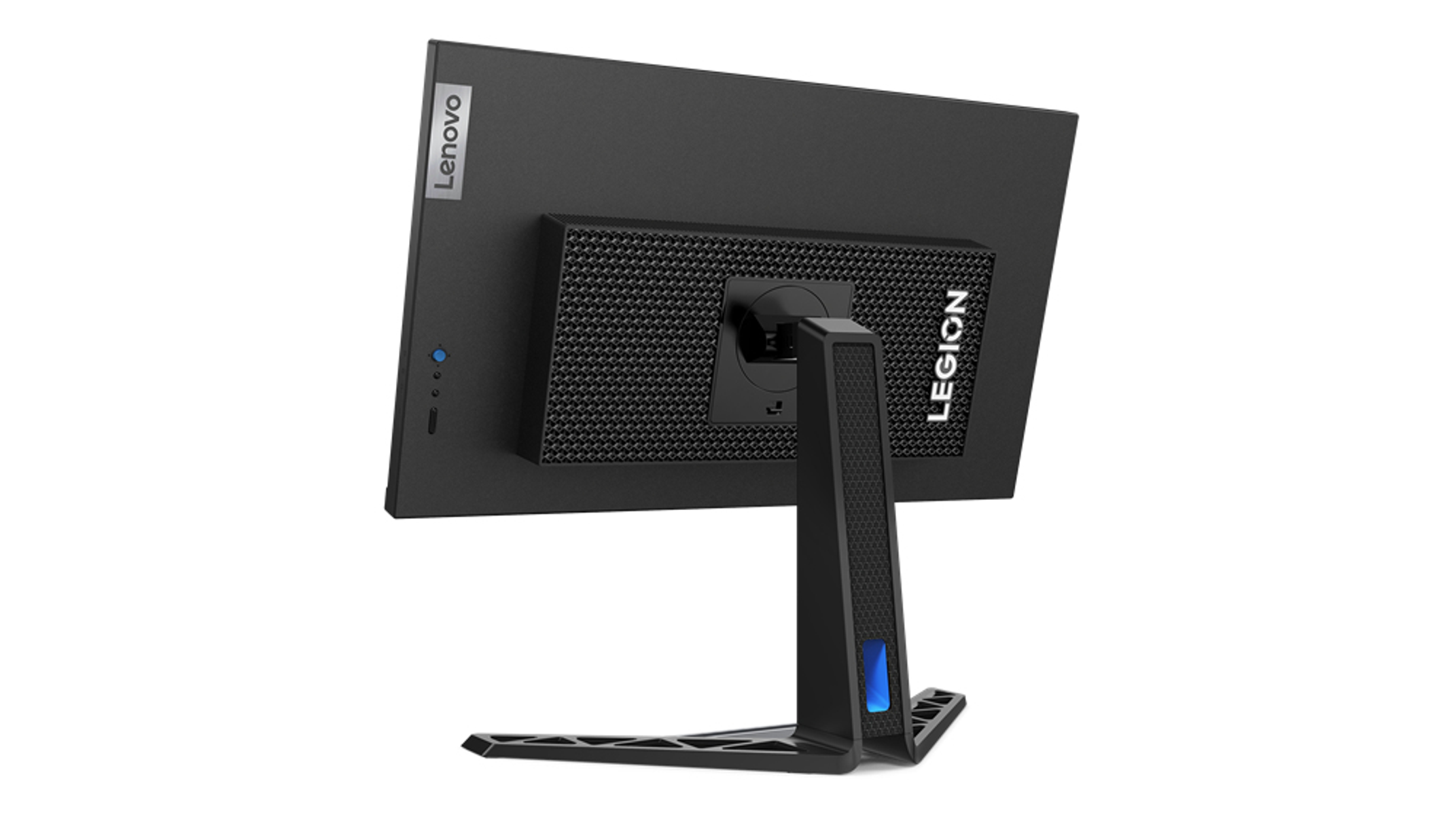 Tył czarnego monitora Lenovo Legion. Pokazuje stojak i porty. Widoczne logo Lenovo.