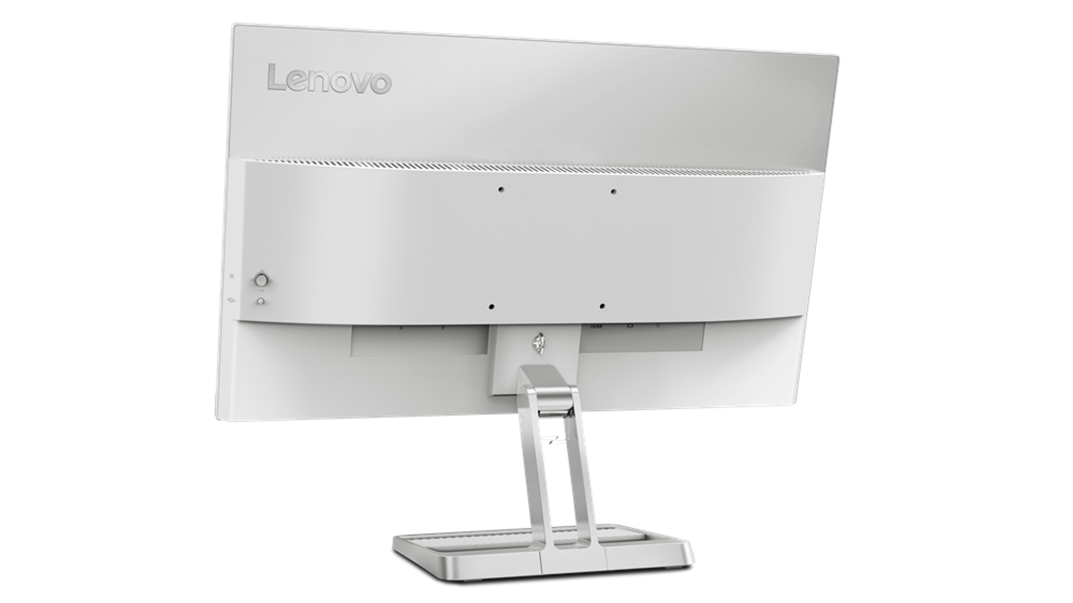 Biały tył monitora Lenovo. Widoczne porty i podstawka. Białe tło.