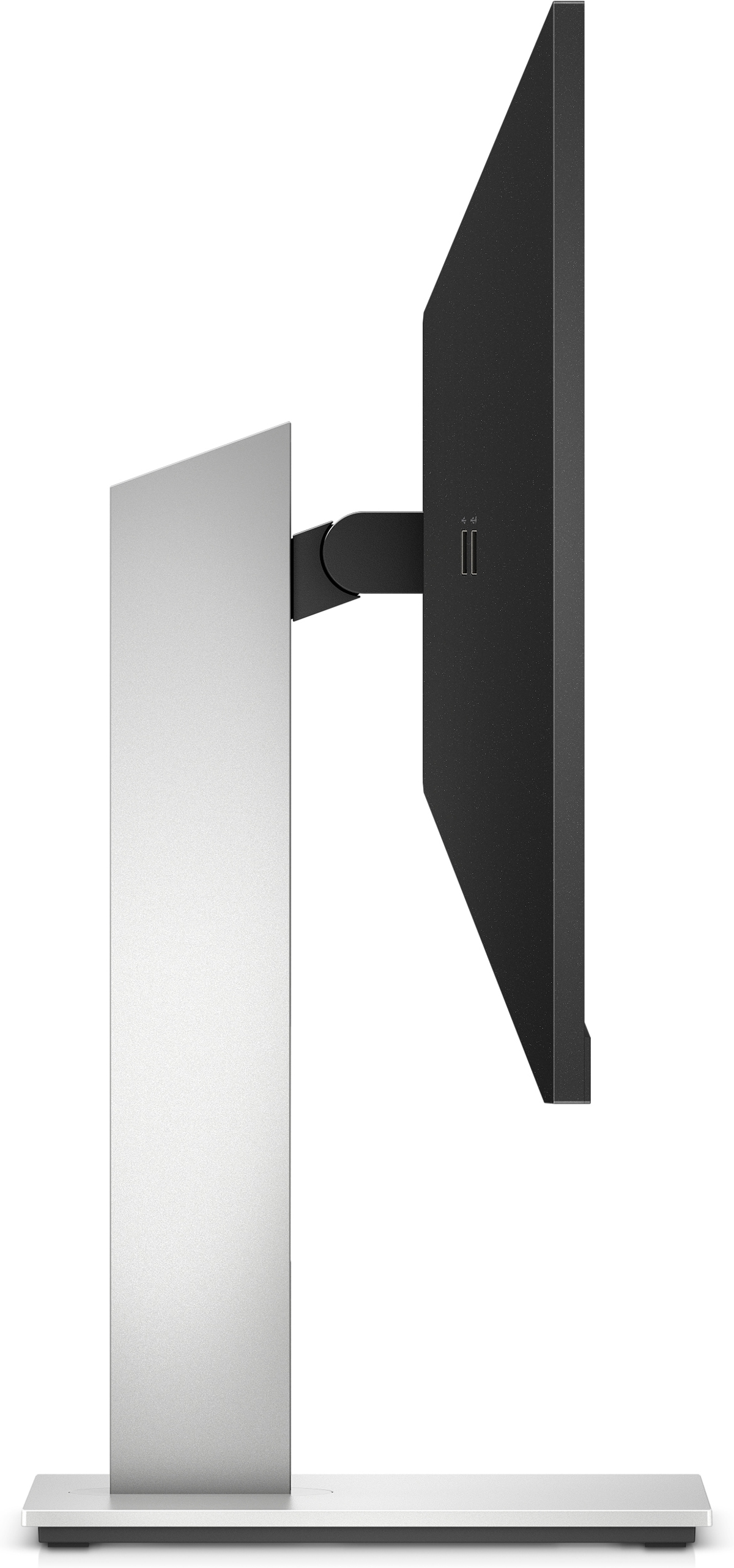 Vista laterale di un monitor per computer nero con supporto argentato. Il monitor è sottile e ha una cornice nera.