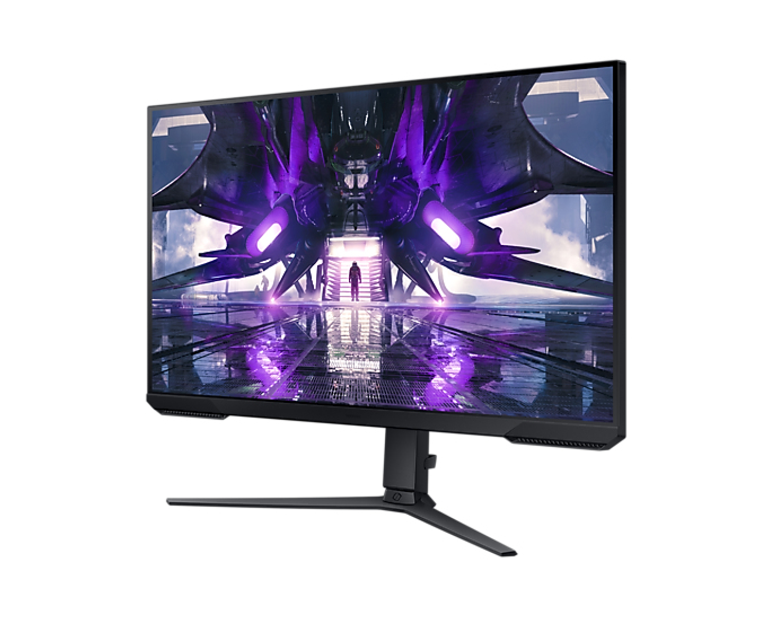Gaming-Monitor zeigt eine Raumschiffszene mit einer Figur in lila Umgebung.