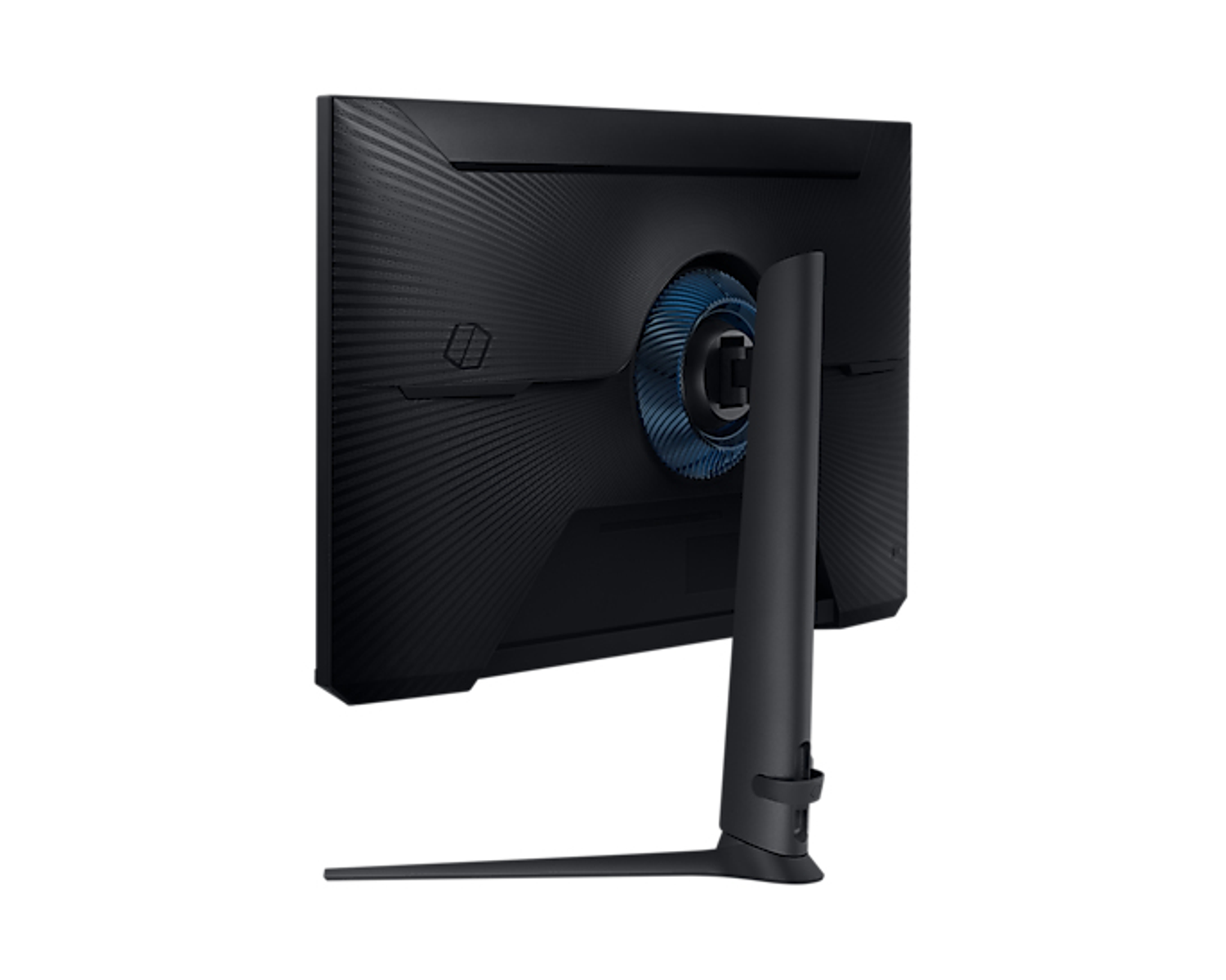 Rückansicht eines schwarzen, gewölbten Monitors mit blauem zentralen Design auf weißem Hintergrund.