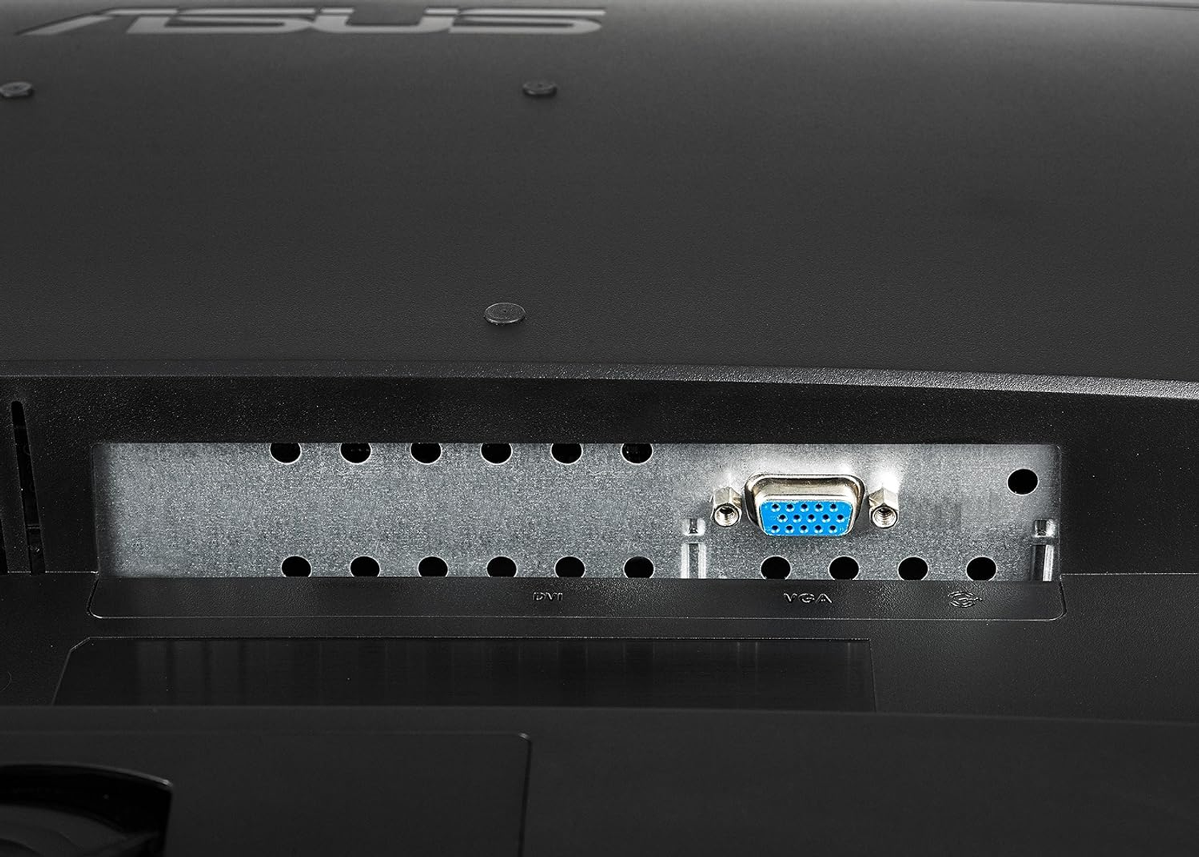 Il retro di un monitor ASUS nero con varie porte. Le porte includono VGA e alimentazione, e una piastra metallica.