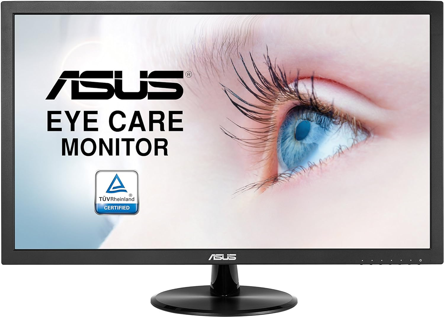 Un monitor ASUS Eye Care mostra un primo piano di un occhio blu. Certificato da TÜV Rheinland.