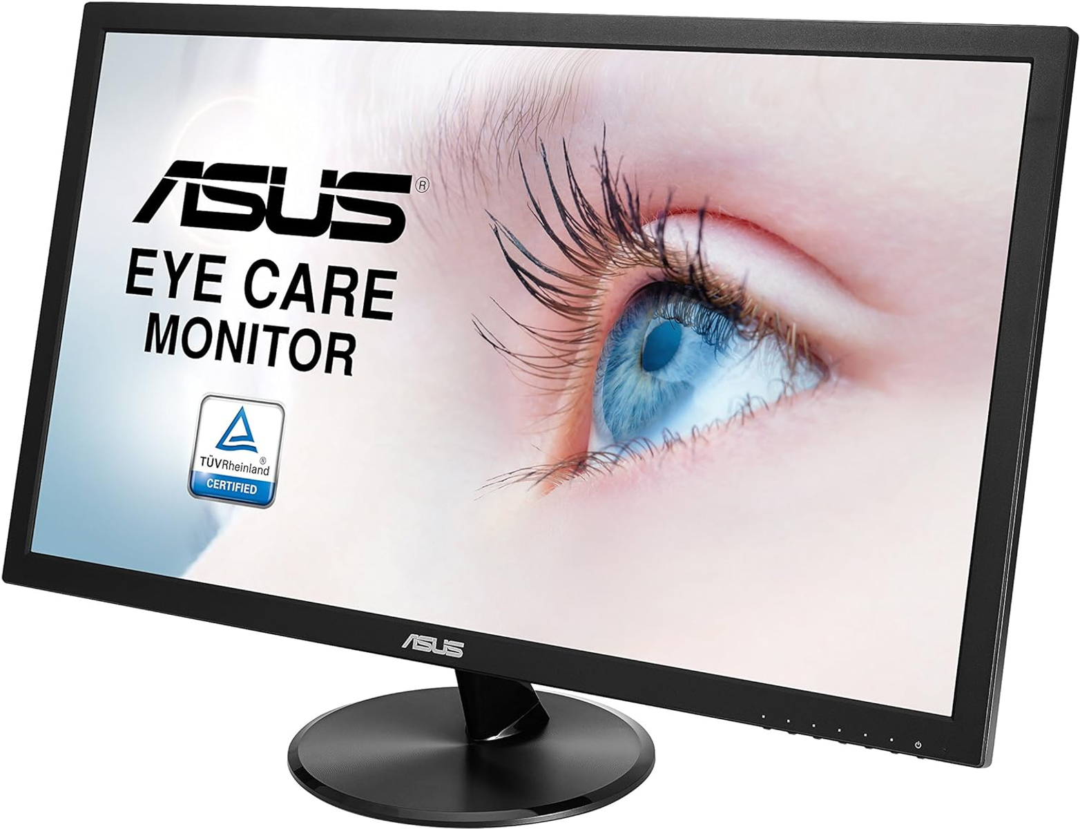 Un monitor ASUS mostra un occhio con iride visibile, con le parole 'Eye Care Monitor'.
