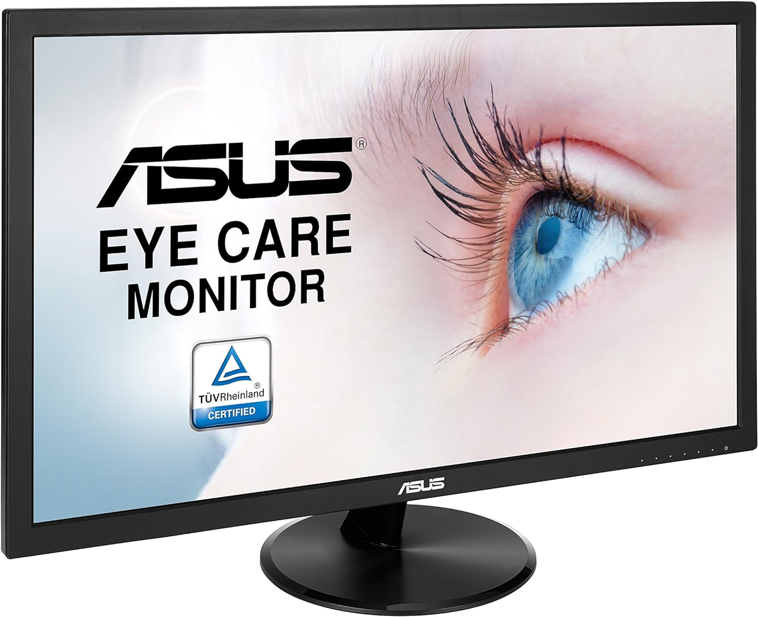 Un monitor ASUS Eye Care con un primo piano di un occhio. Il monitor ha una cornice nera su un supporto nero.