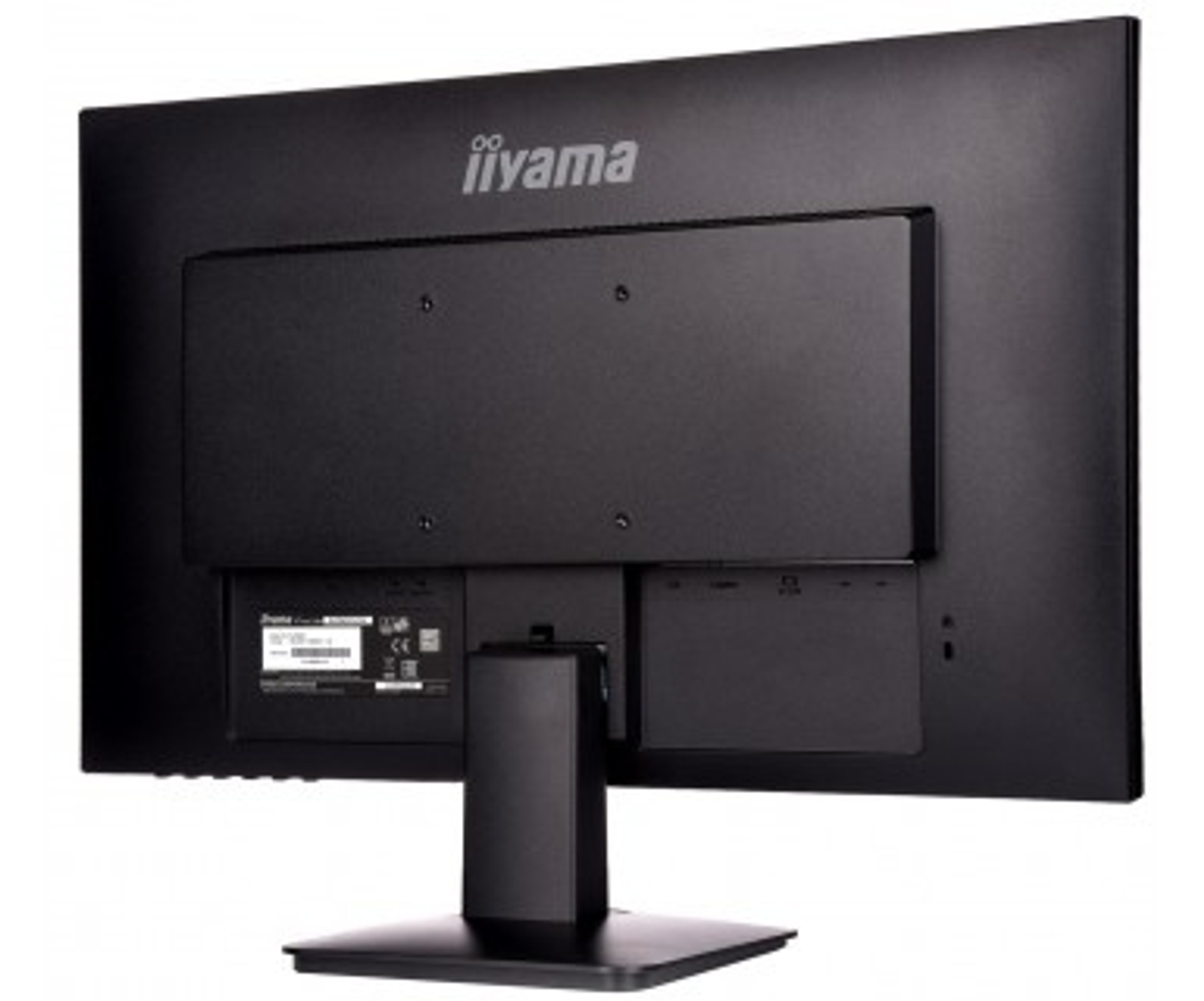 Rückseite eines schwarzen Computerbildschirms mit dem Markennamen iiYama. Er hat einen Ständer und mehrere Anschlüsse.
