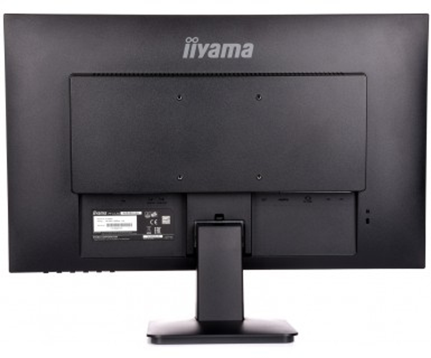 Rückseite des schwarzen Computermonitors. Das iiyama-Logo befindet sich oben. Mehrere Anschlüsse sind sichtbar.