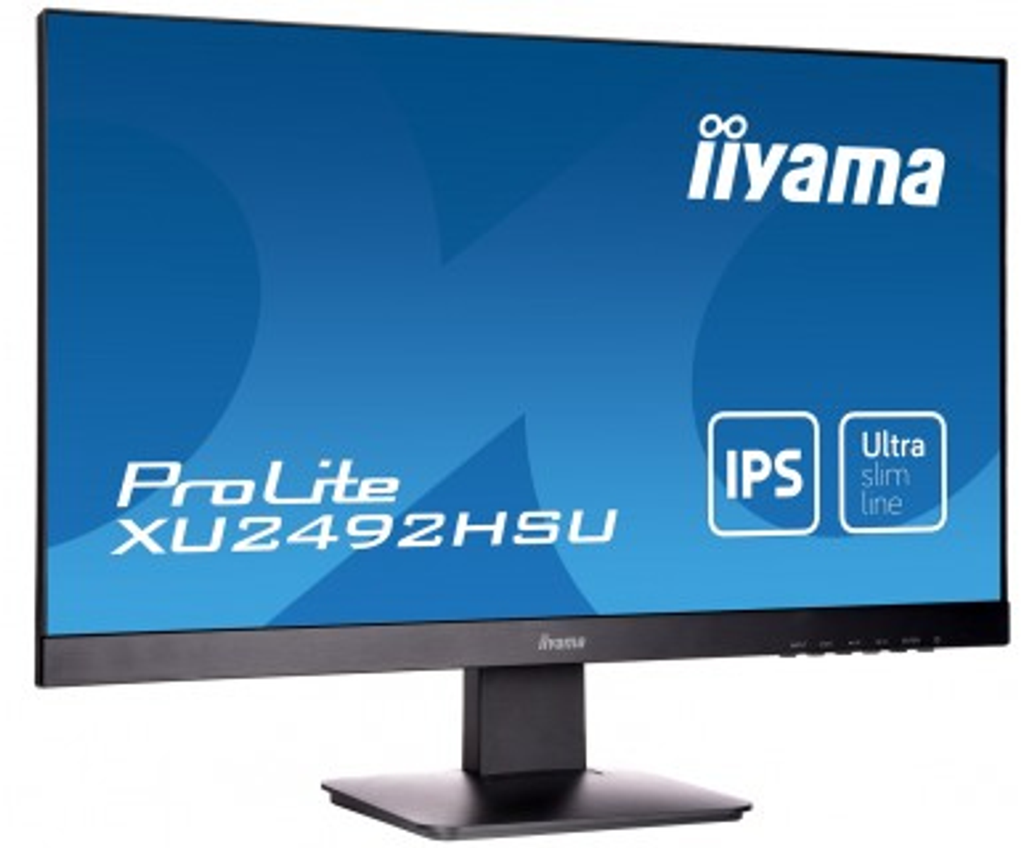 Ein Computermonitor, der einen blauen Bildschirm mit Markennamen und Produktinformationen anzeigt.