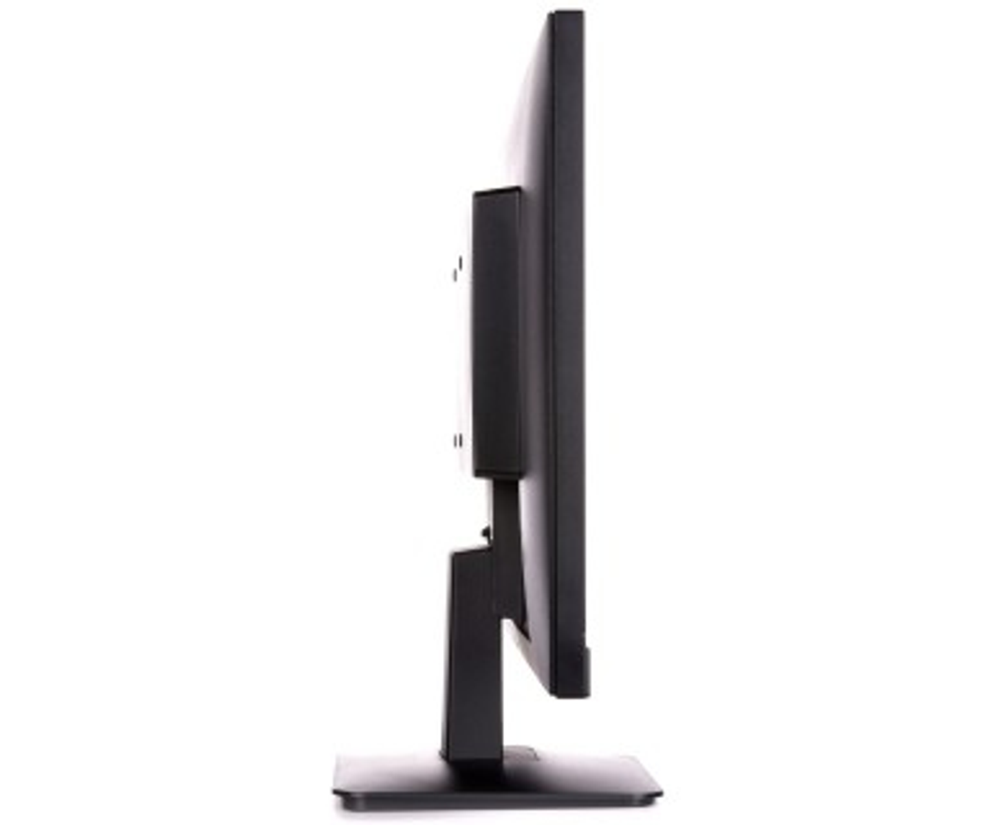 Seitenansicht eines schwarzen Computermonitors auf weißem Hintergrund.