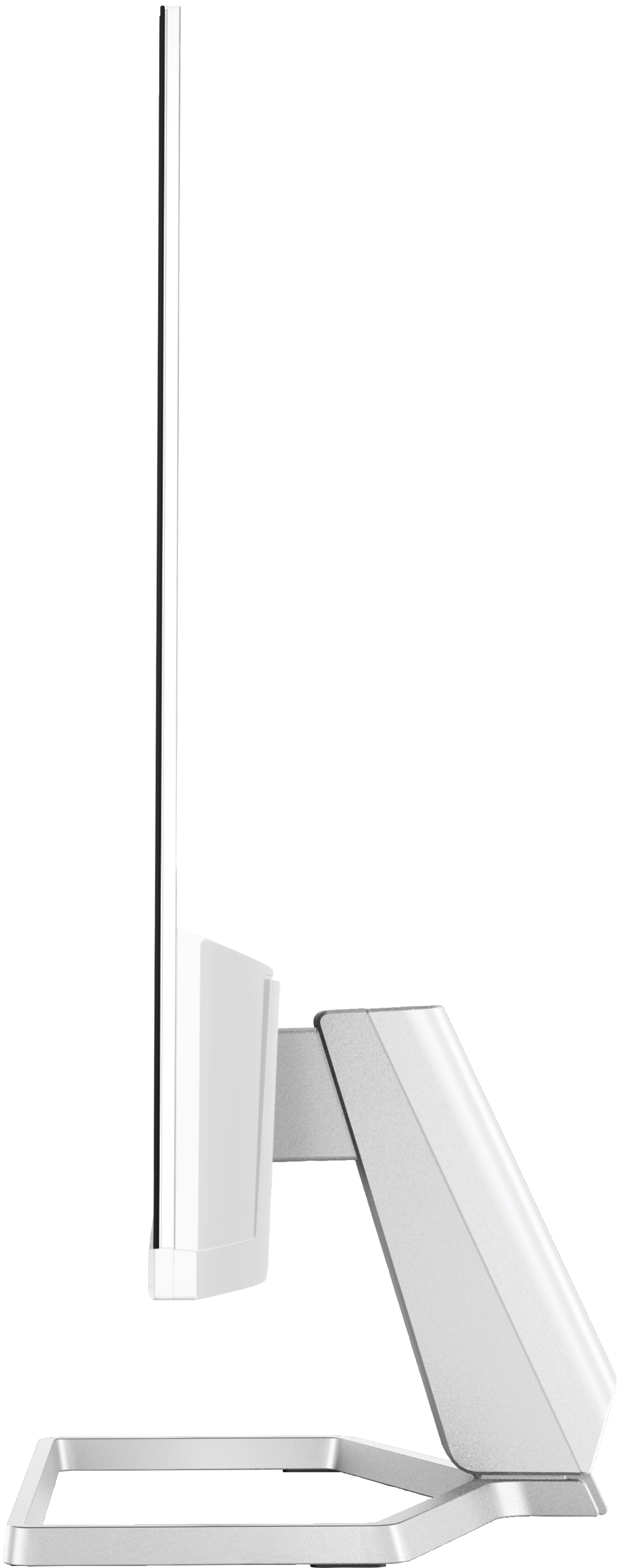 Vista laterale di un monitor bianco. È sottile con cornice bianca e supporto metallico.