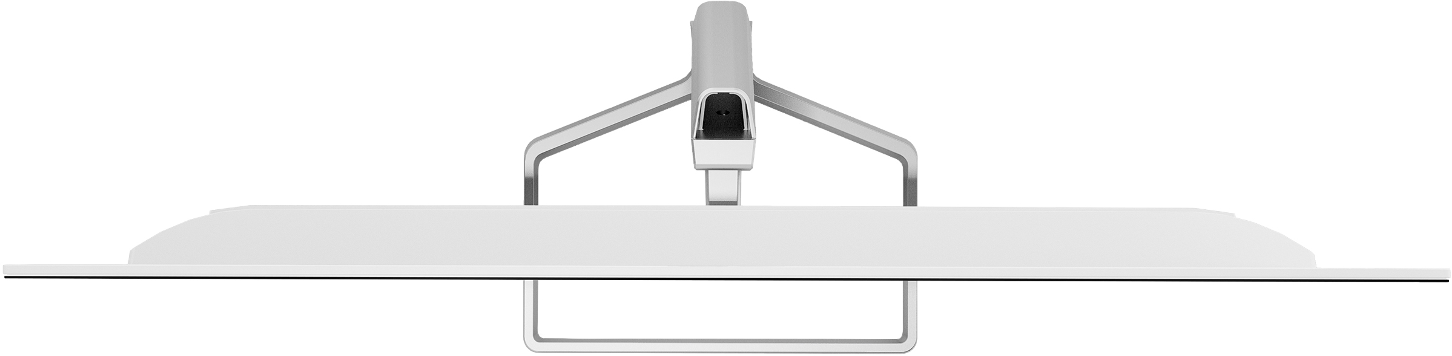 Vista dall'alto di un monitor bianco con supporto. Lo sfondo è bianco.