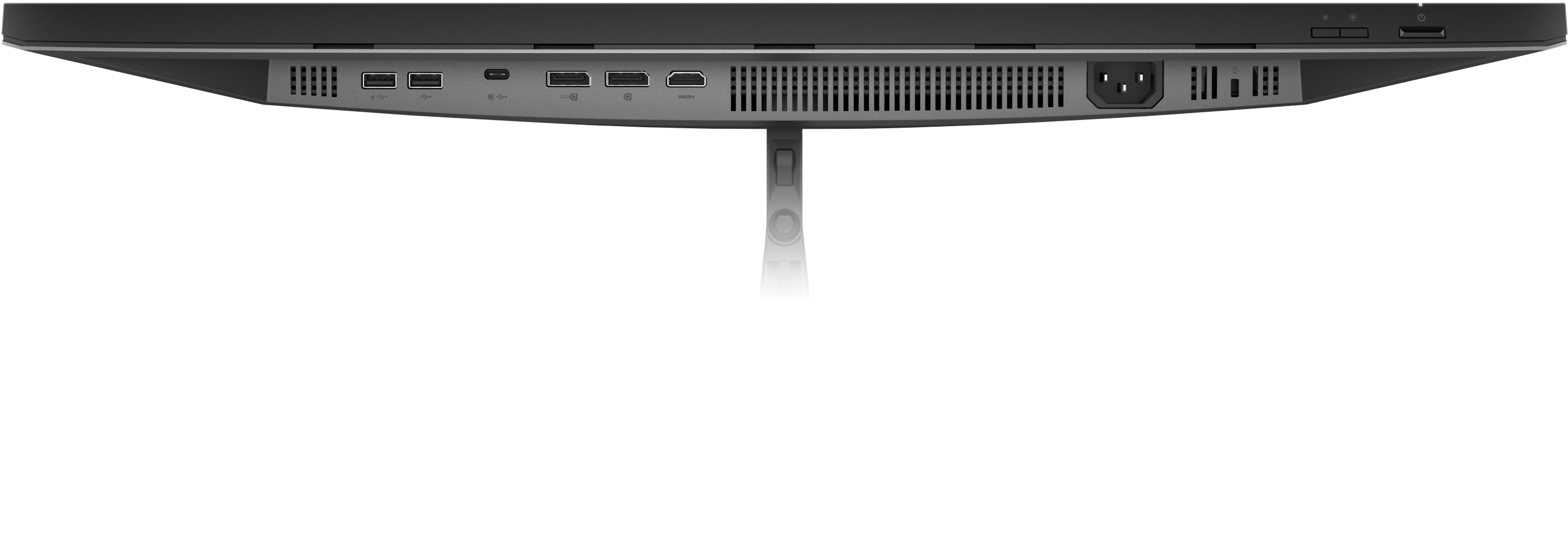The bottom of a monitor with ports. White background.