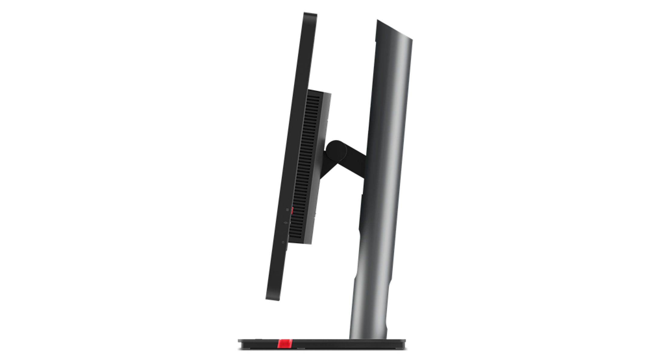 Widok z boku czarnego i srebrnego monitora komputerowego na białym tle.