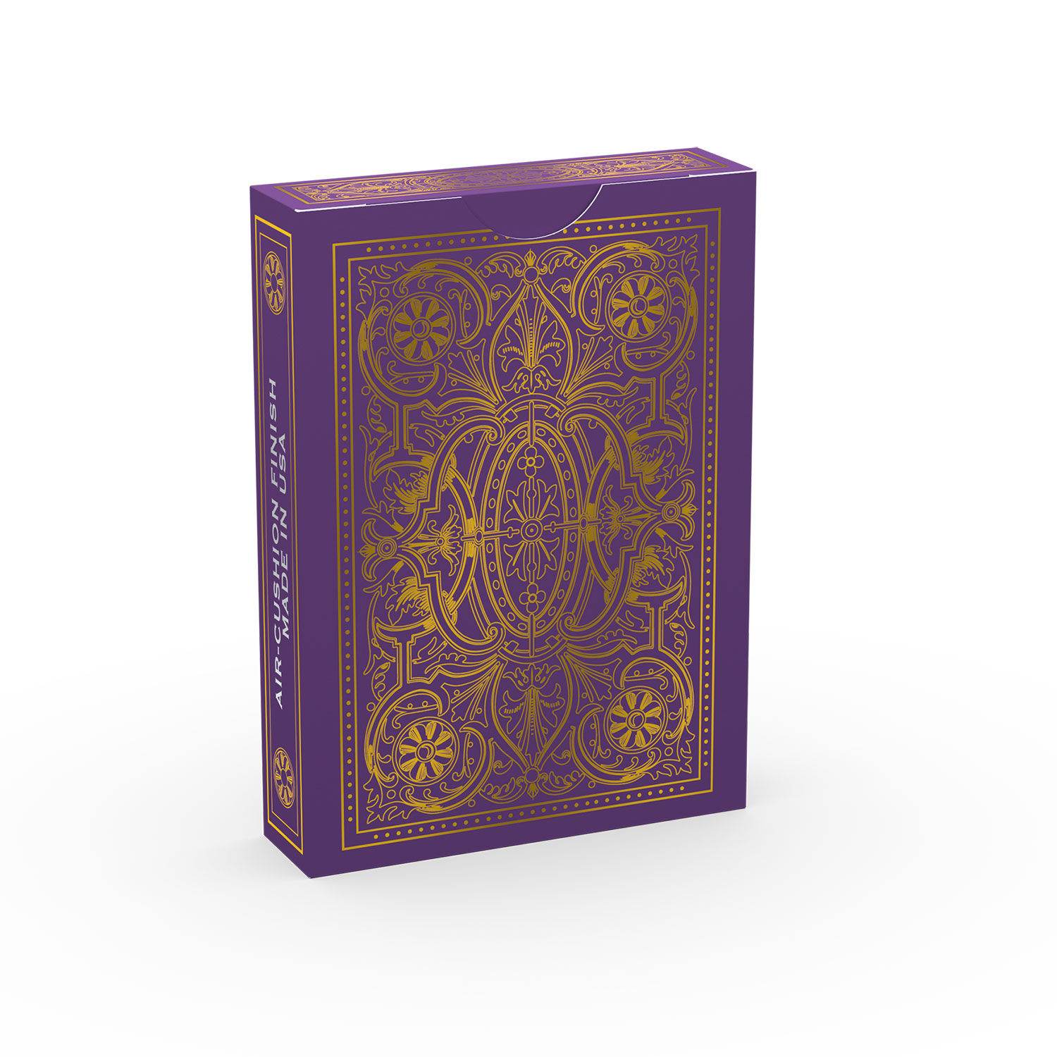 Eine violette Spielkartenbox mit goldenem Design. Auf der Box steht 'AIR-CUSHION FINISH'.
