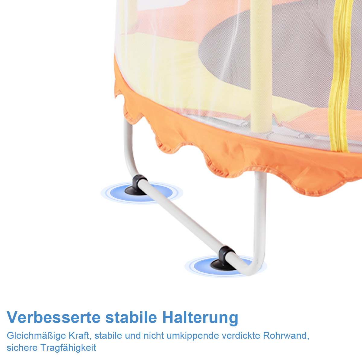 Kind springt auf einem Trampolin mit orangefarbenem und gelbem Besatz. Text: Stabile Halterung.
