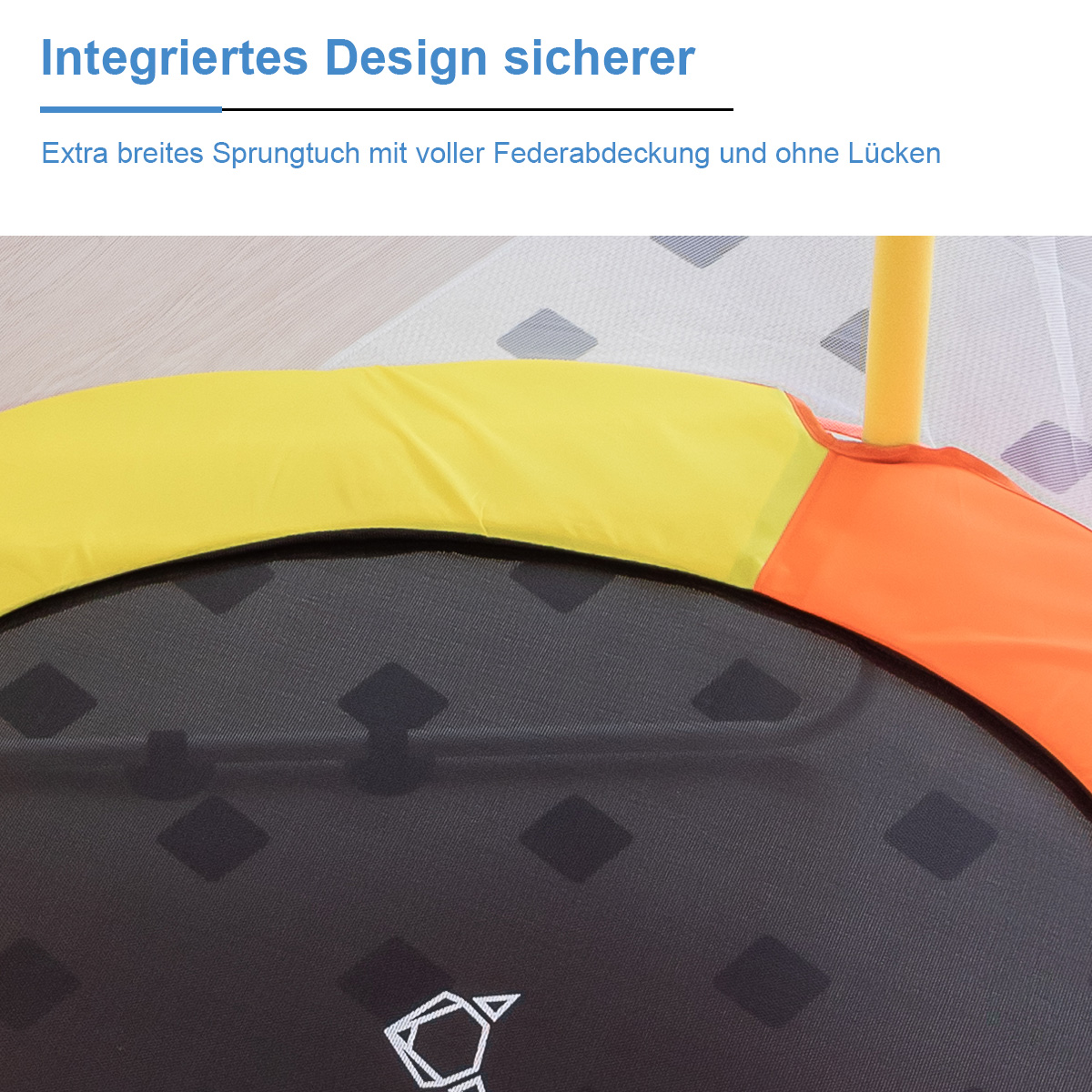 Trampolindetail mit gelben, orangen und schwarzen Komponenten. Die schwarze Oberfläche hat ein Muster.