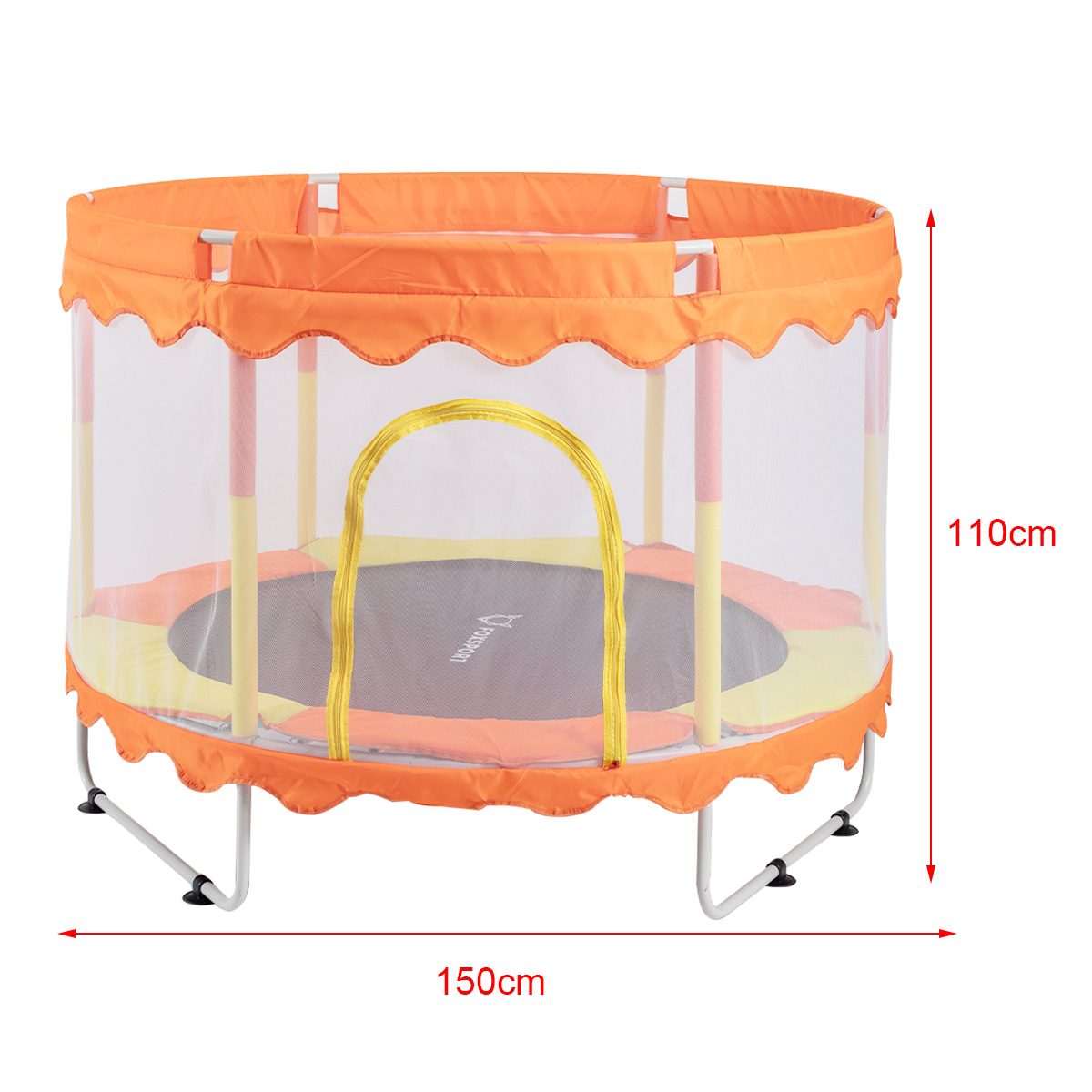 Ein runder orangefarbener Trampolin mit Sicherheitsnetz. Abmessungen: 110cm hoch, 150cm Durchmesser.