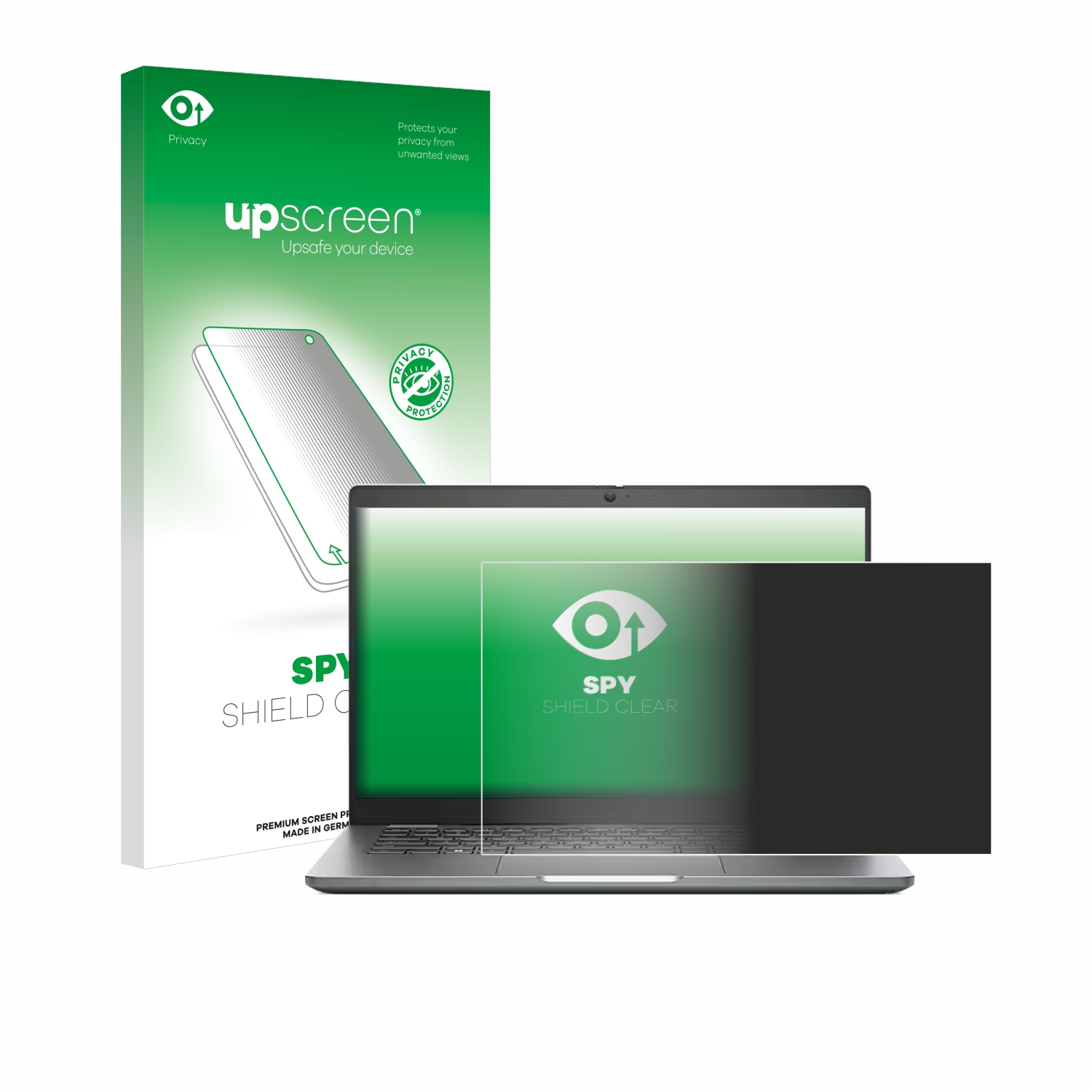 Laptop mit Displayschutz. Box mit Text und grünem Logo. Weißer Hintergrund.